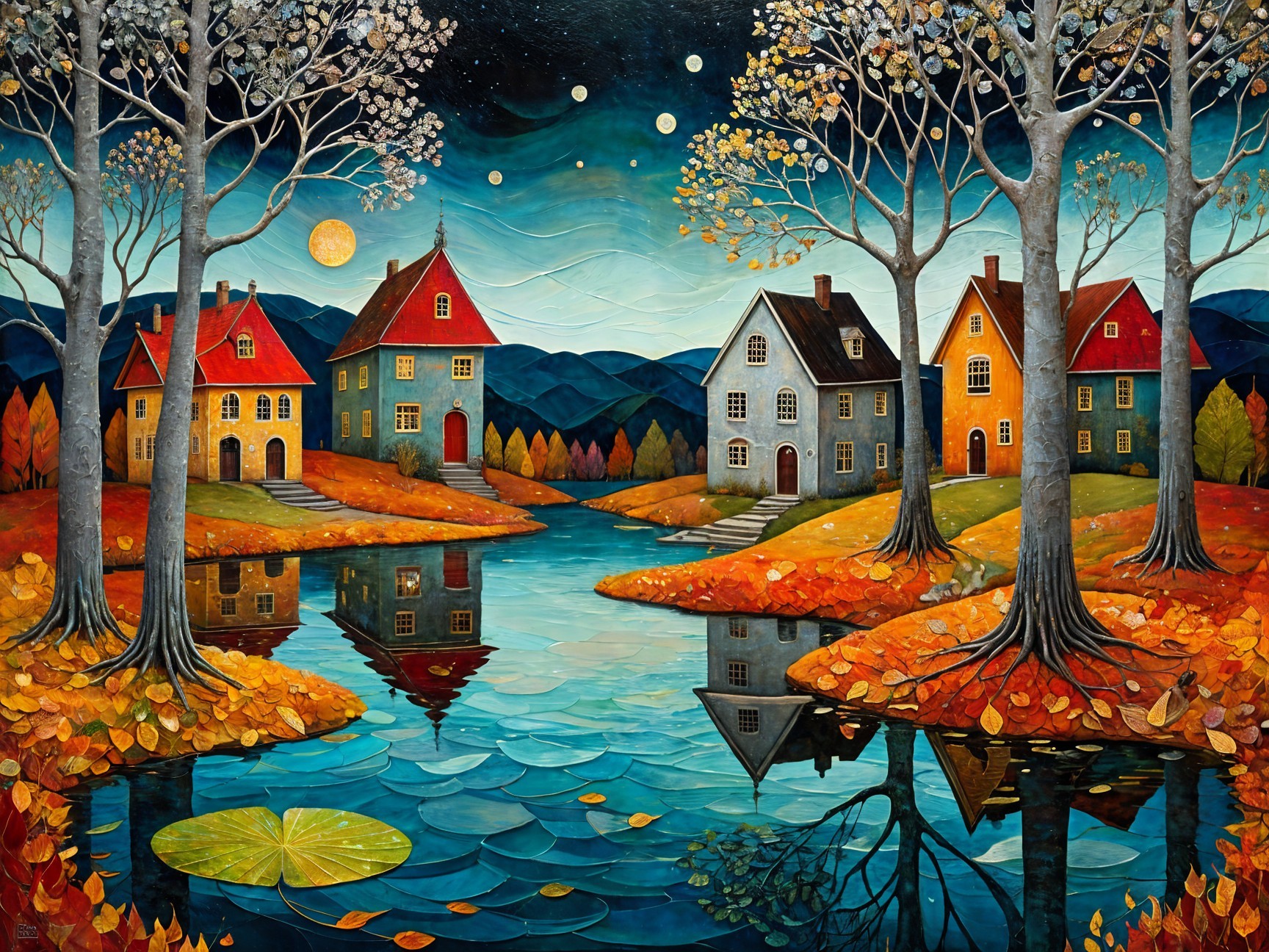 Whimsical Autumn Landscape with Colorful Homes and River