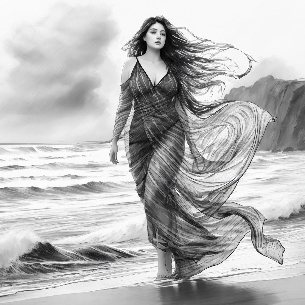 Woman in Sheer Dress on Serene Shoreline with Waves