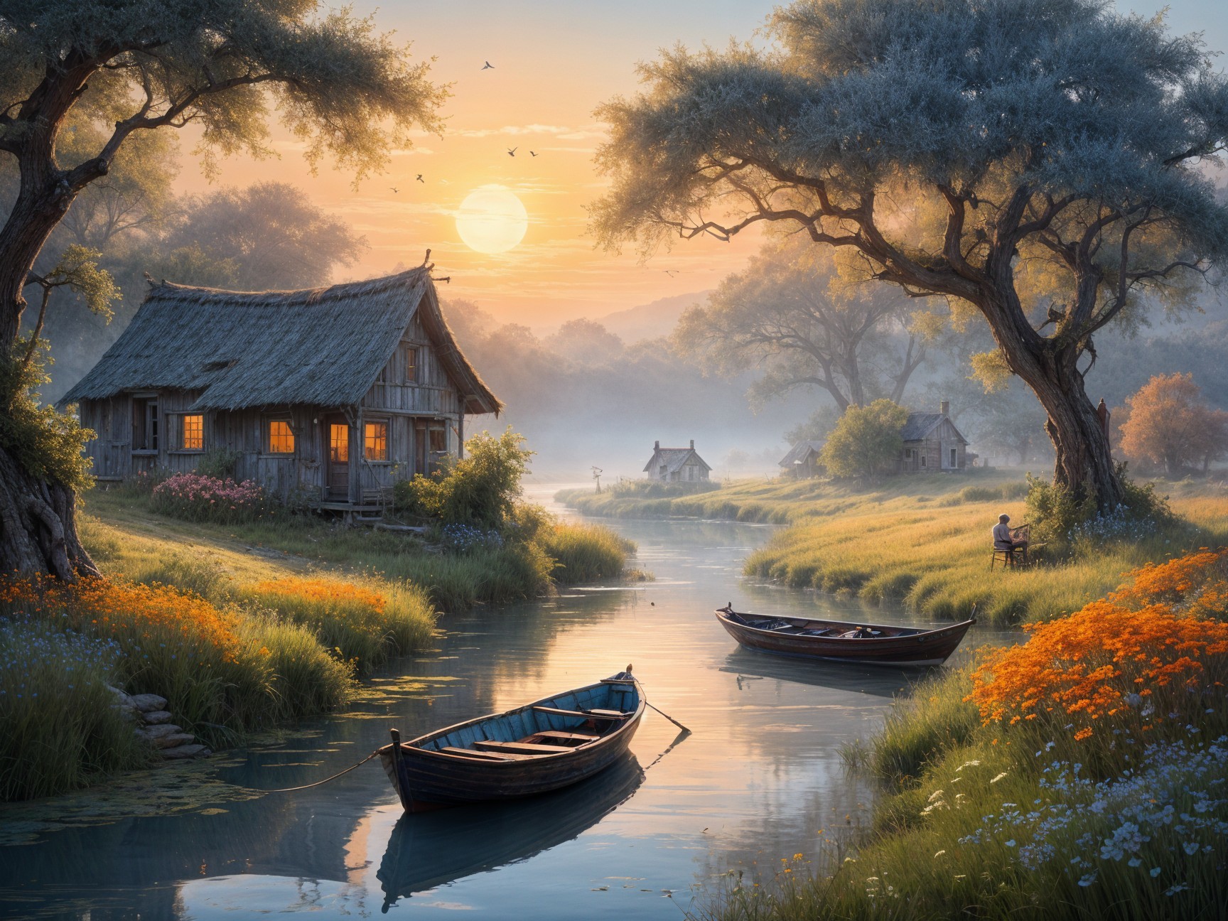 Serene Riverside Scene at Sunrise with Autumn Foliage