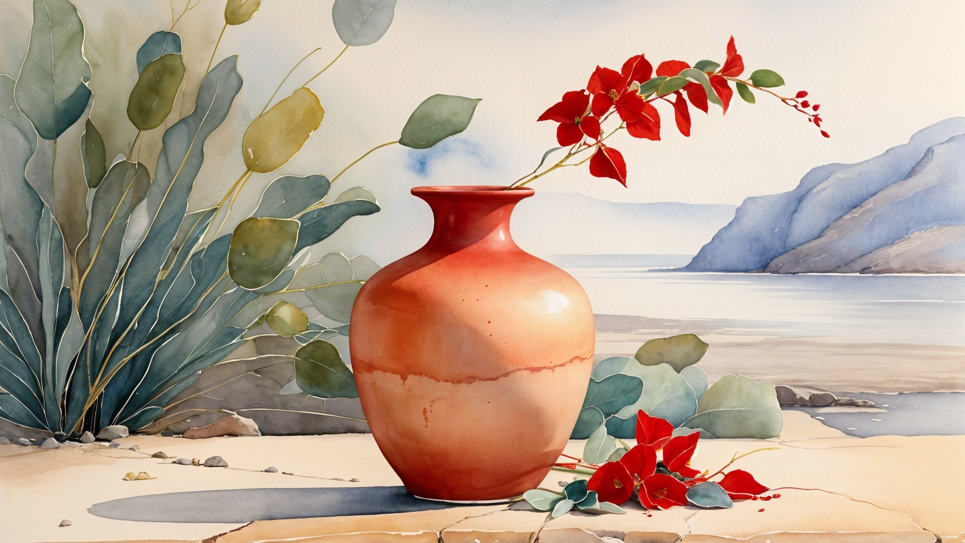 Terracotta Vase with Bougainvillea and Coastal View