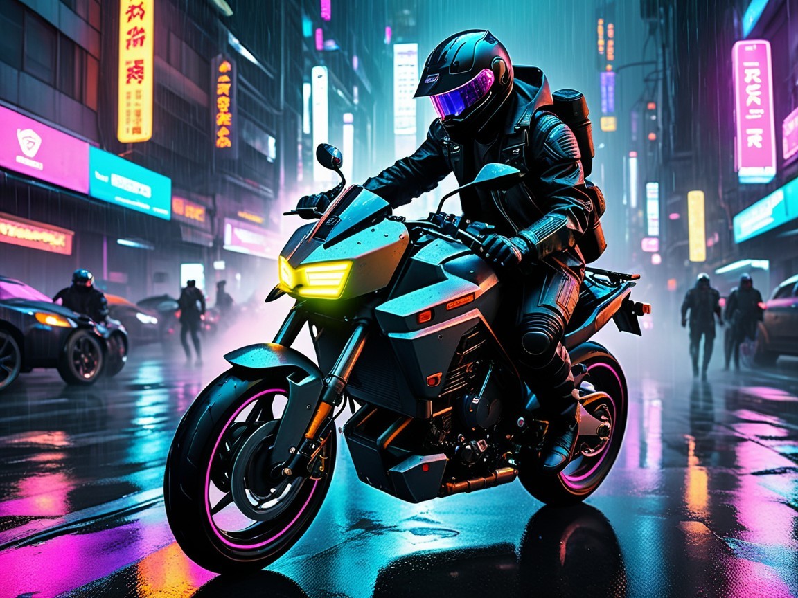 Futuristic Motorcycle Rider in Neon Cityscape
