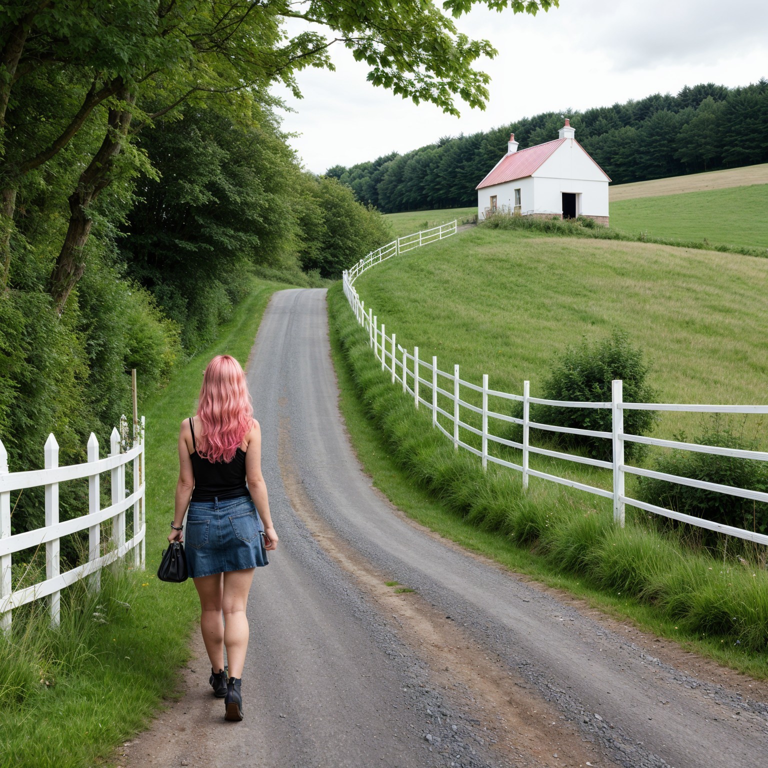Woman with pink hair on a dirt road by fields