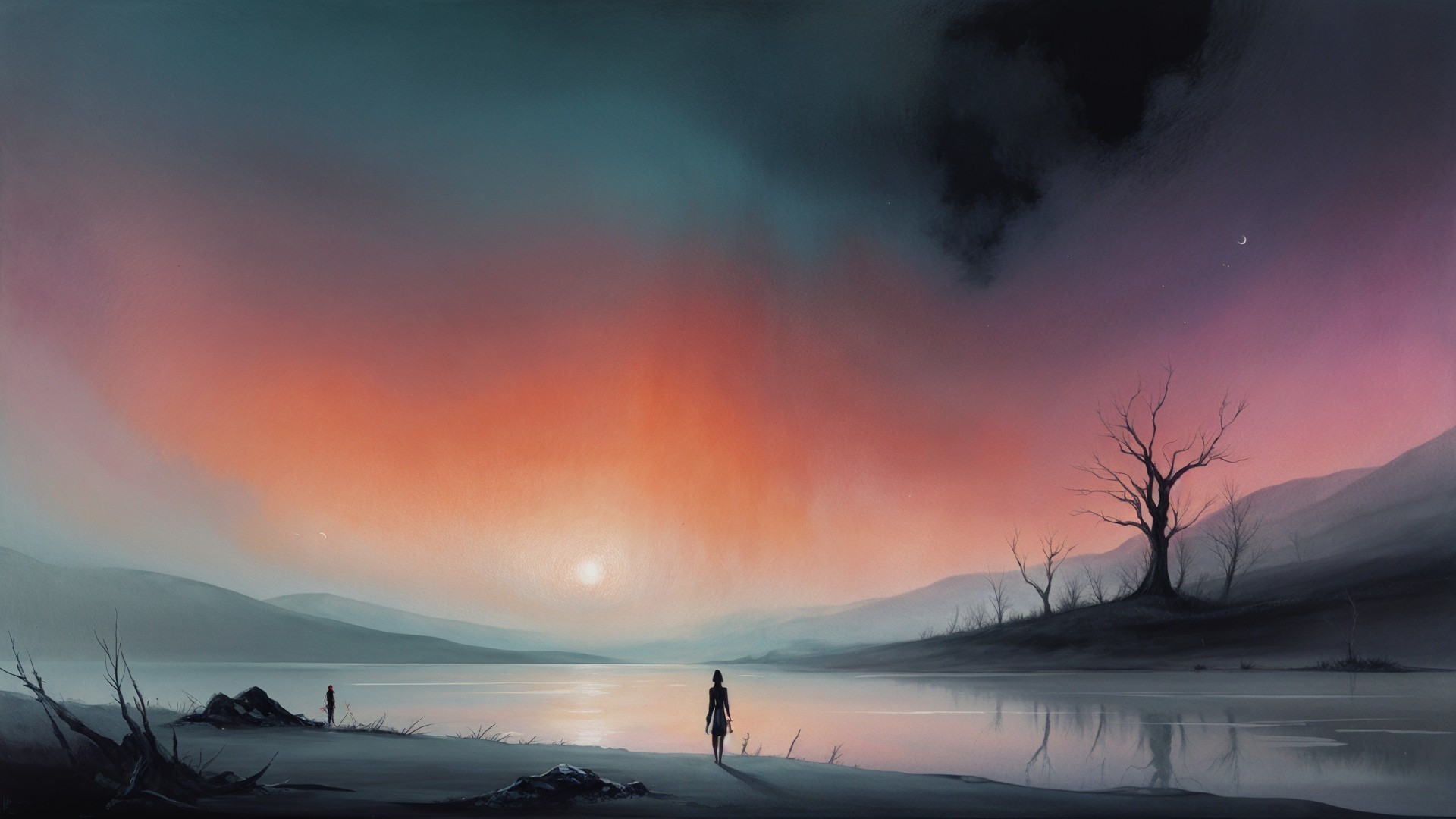 Serene Dusk Landscape with Lake and Silhouetted Figures