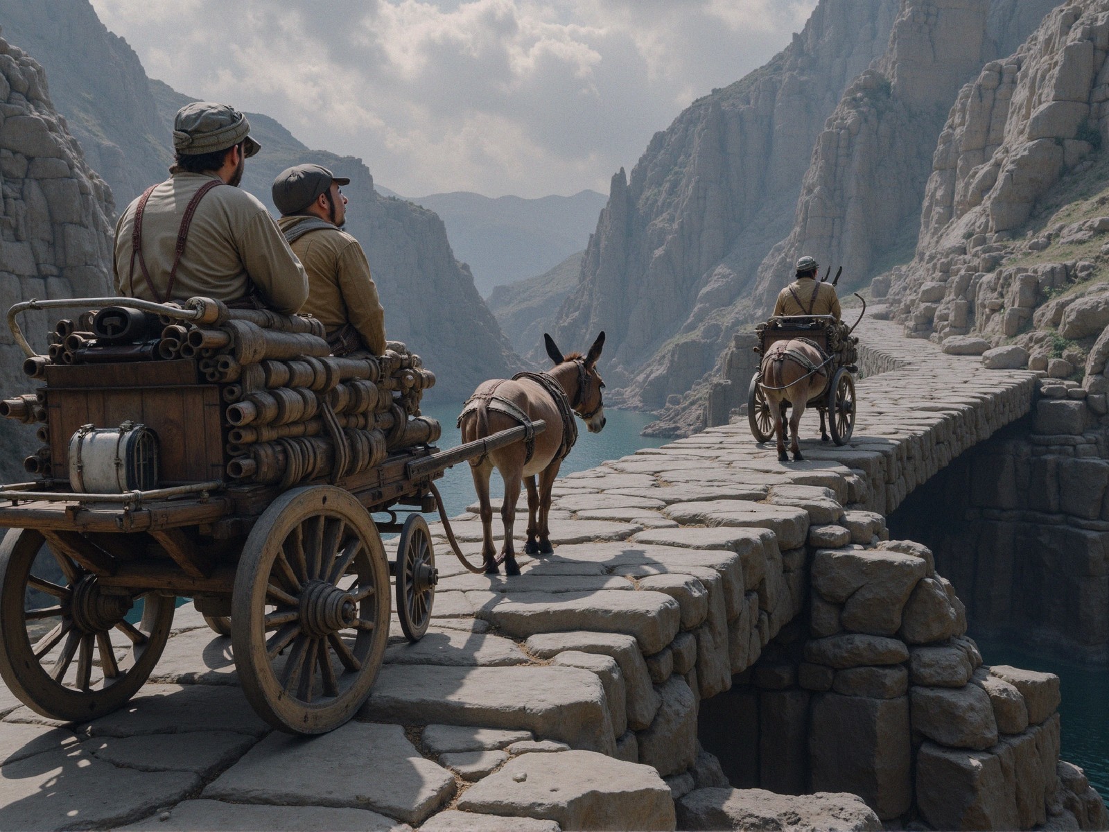 Men in cart on stone bridge with cliffs and water