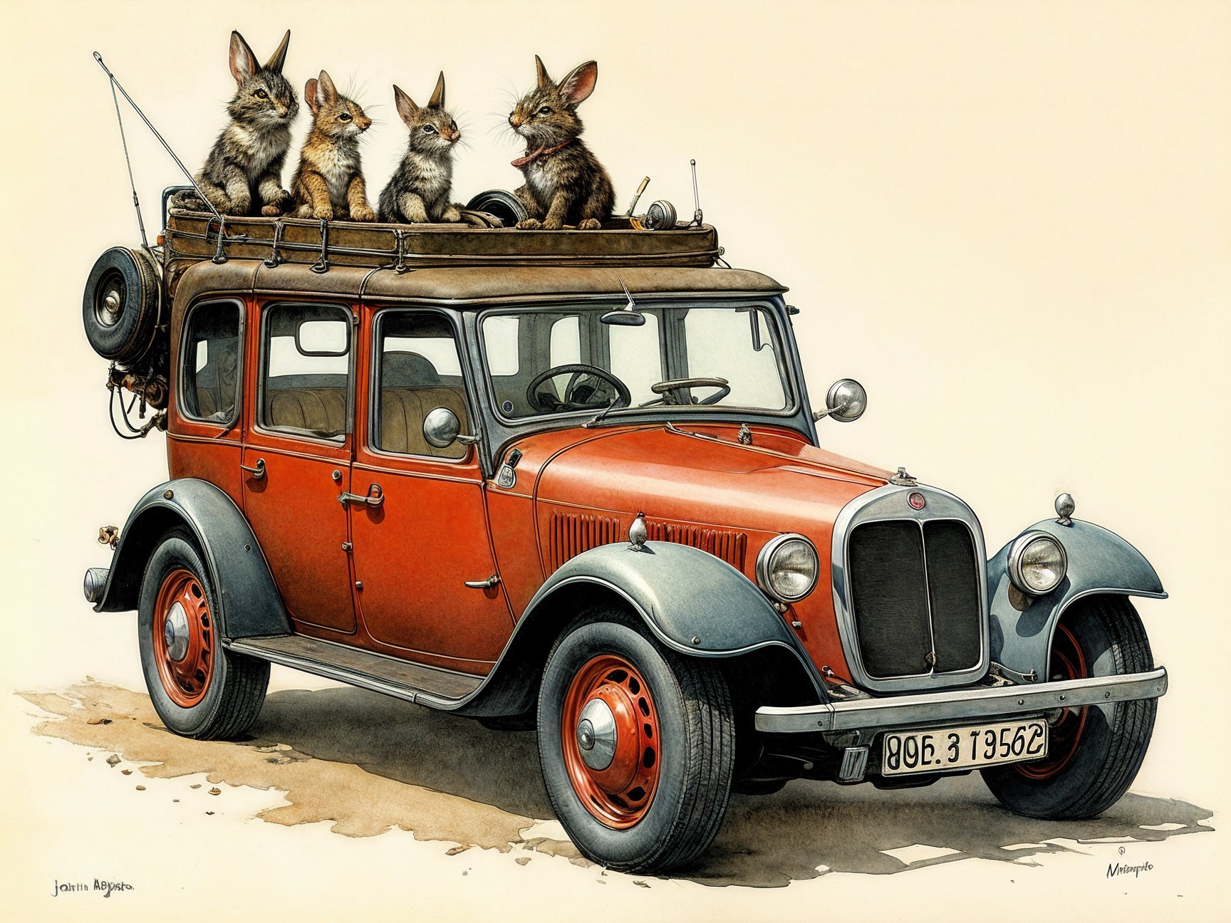 Vintage Car with Playful Rabbits in Whimsical Scene