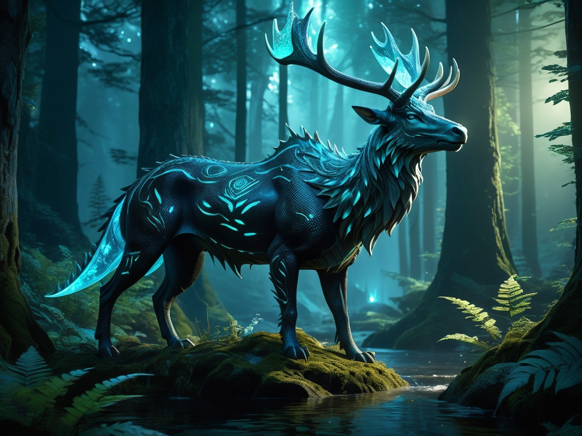 Majestic stag in a mystical forest with glowing patterns