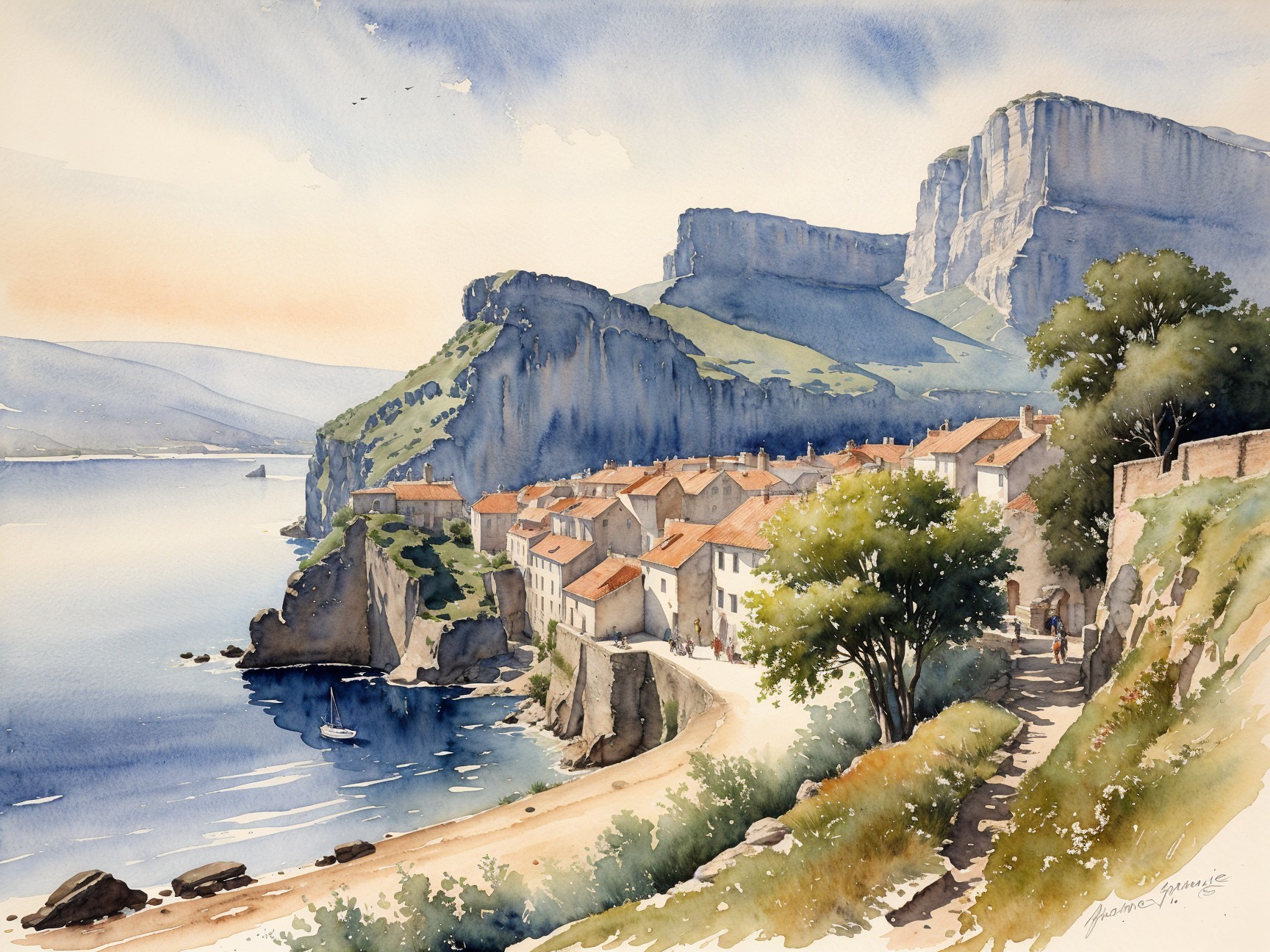 Watercolor Painting of Coastal Village and Cliffs