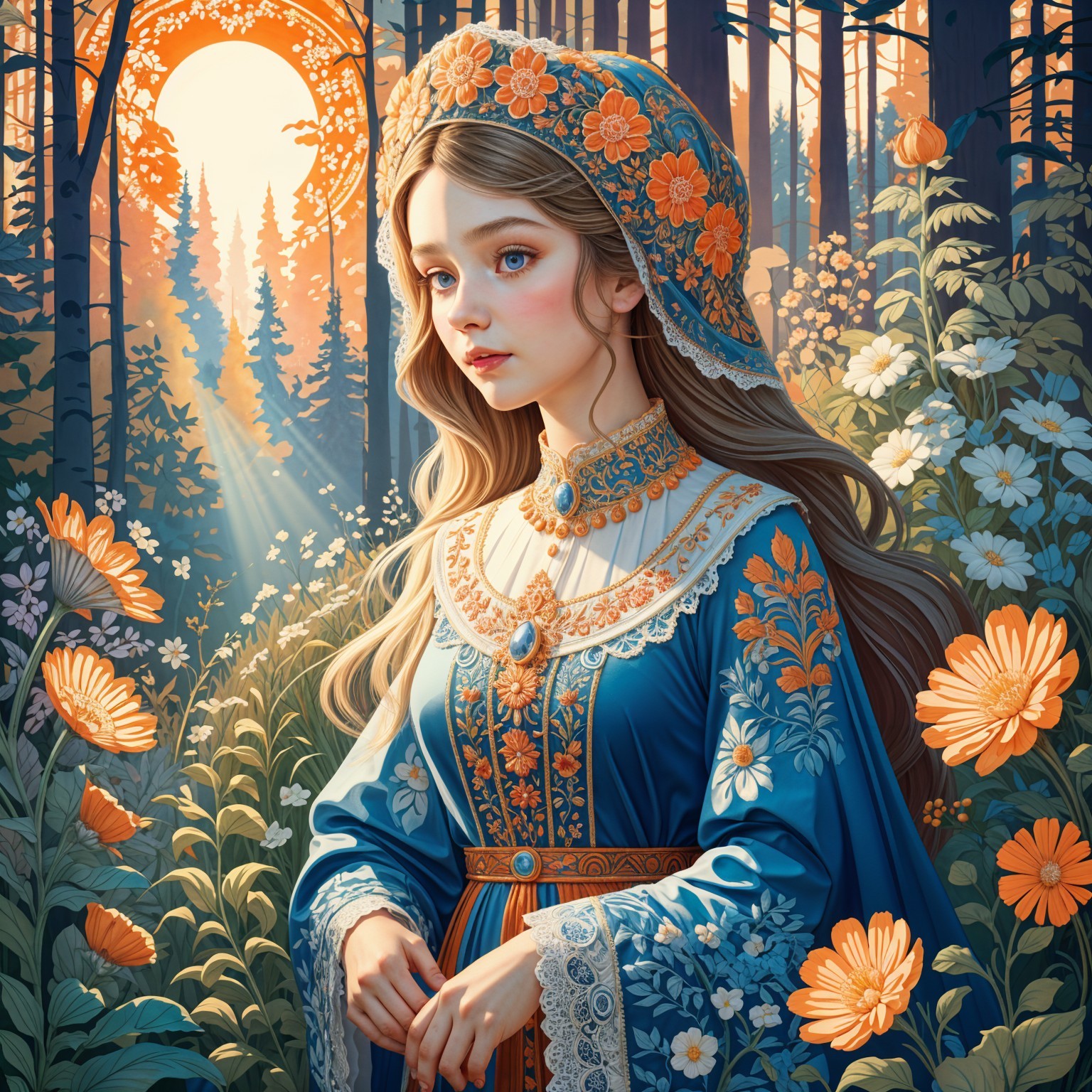 Young Woman in Blue Dress in Vibrant Forest Setting