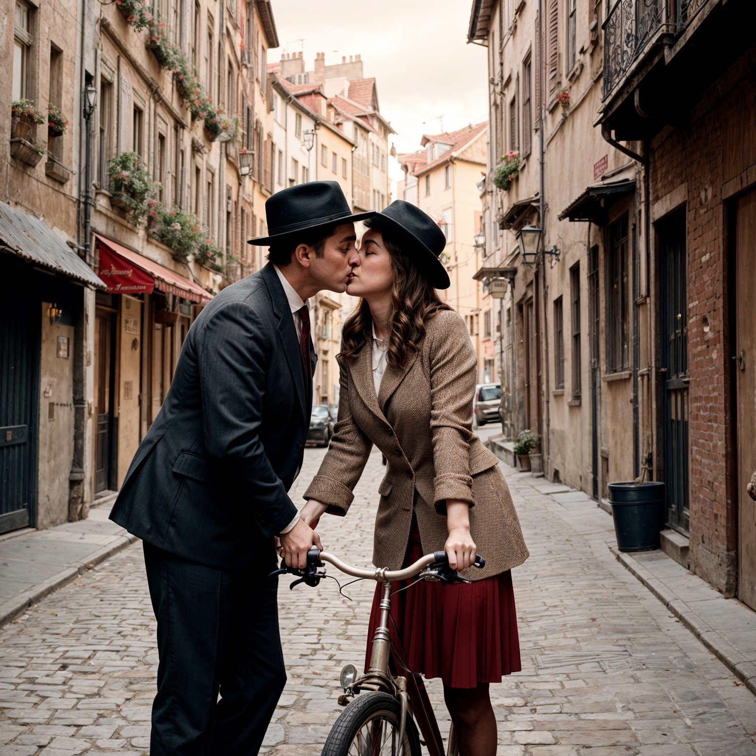 Stylish Couple in Romantic Cobblestone Street Scene
