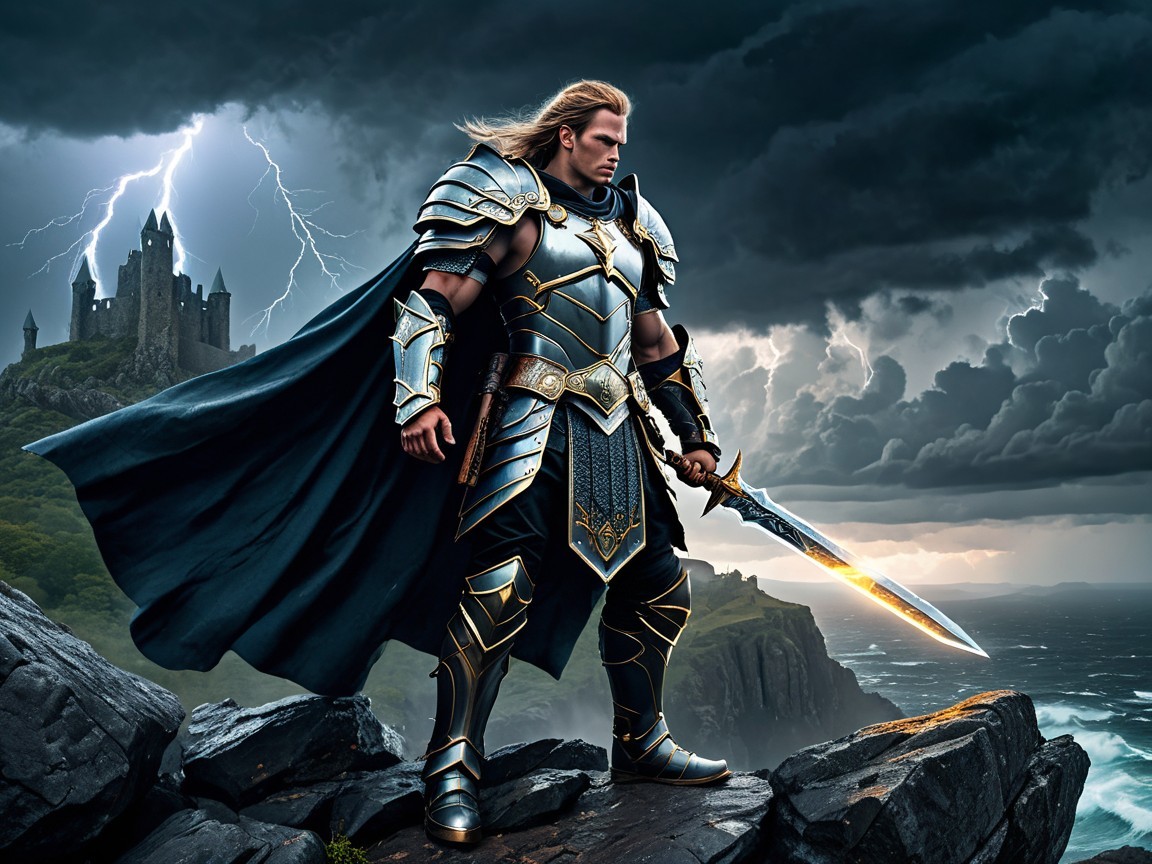 Warrior in Ornate Armor on Rocky Cliff with Castle
