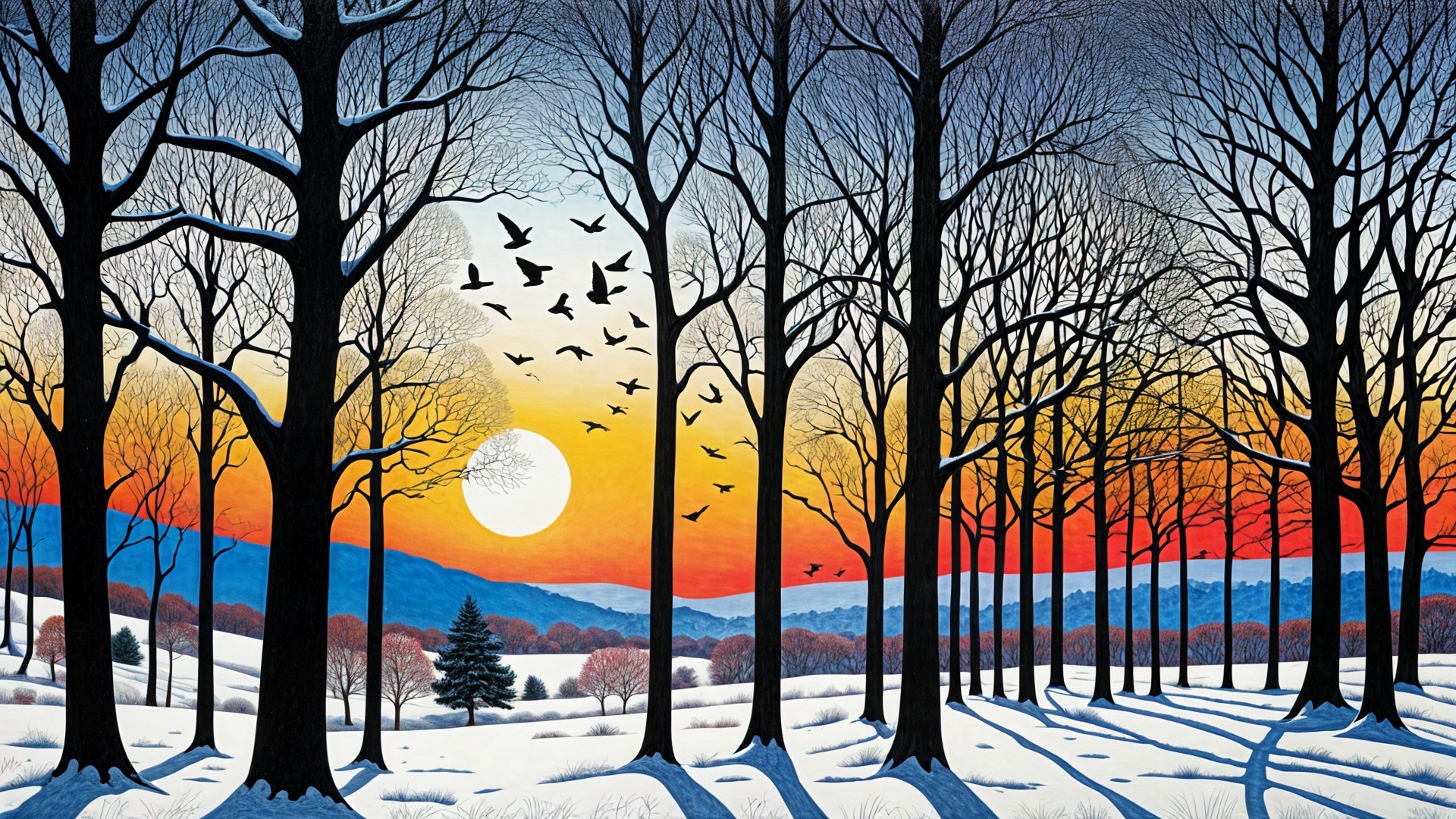 Serene Winter Landscape with Sunset and Bare Trees