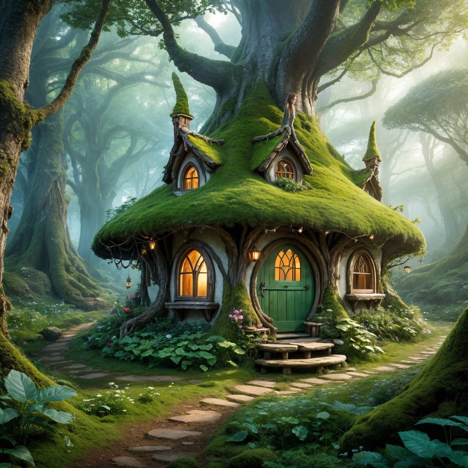 Moss-Covered Cottage in a Magical Forest Setting