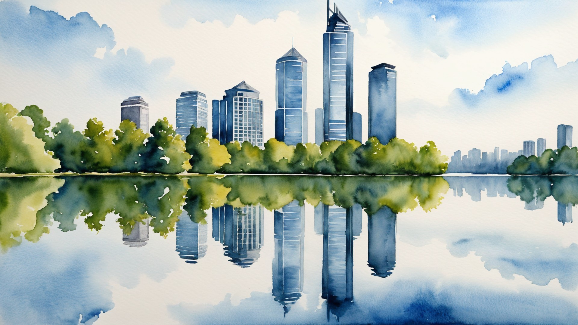 Watercolor Painting of Urban Skyline and Nature
