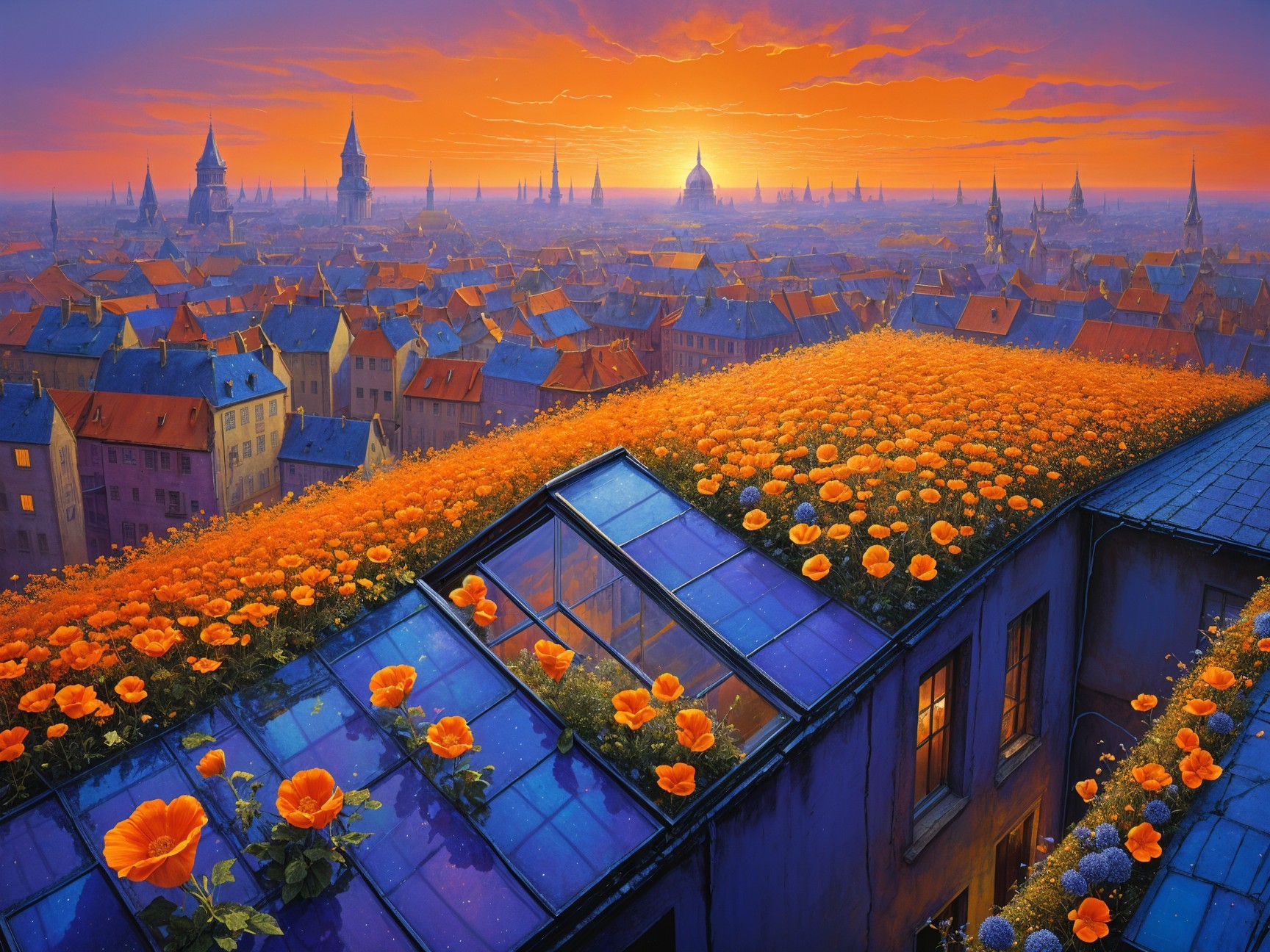 Twilight Cityscape with Floral Rooftops and Historic Buildings