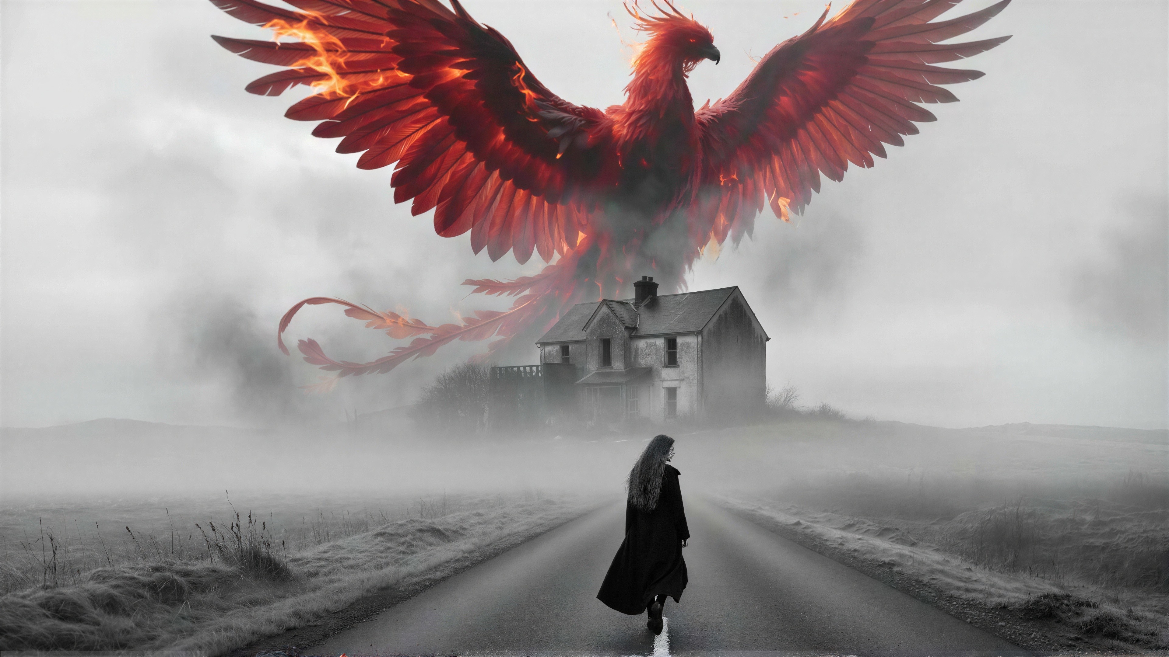 Vibrant Phoenix Above Grey House in Misty Landscape