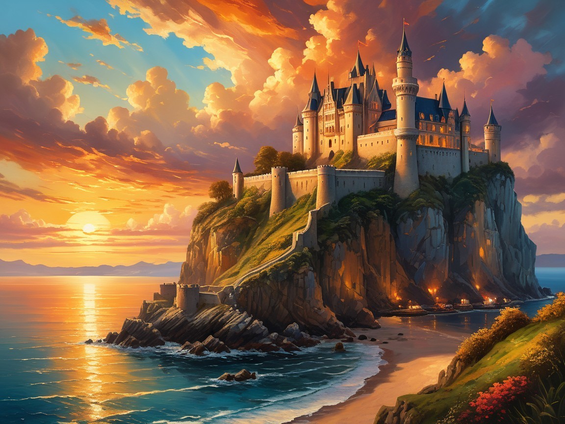 Castle on Cliff with Ocean View at Sunset