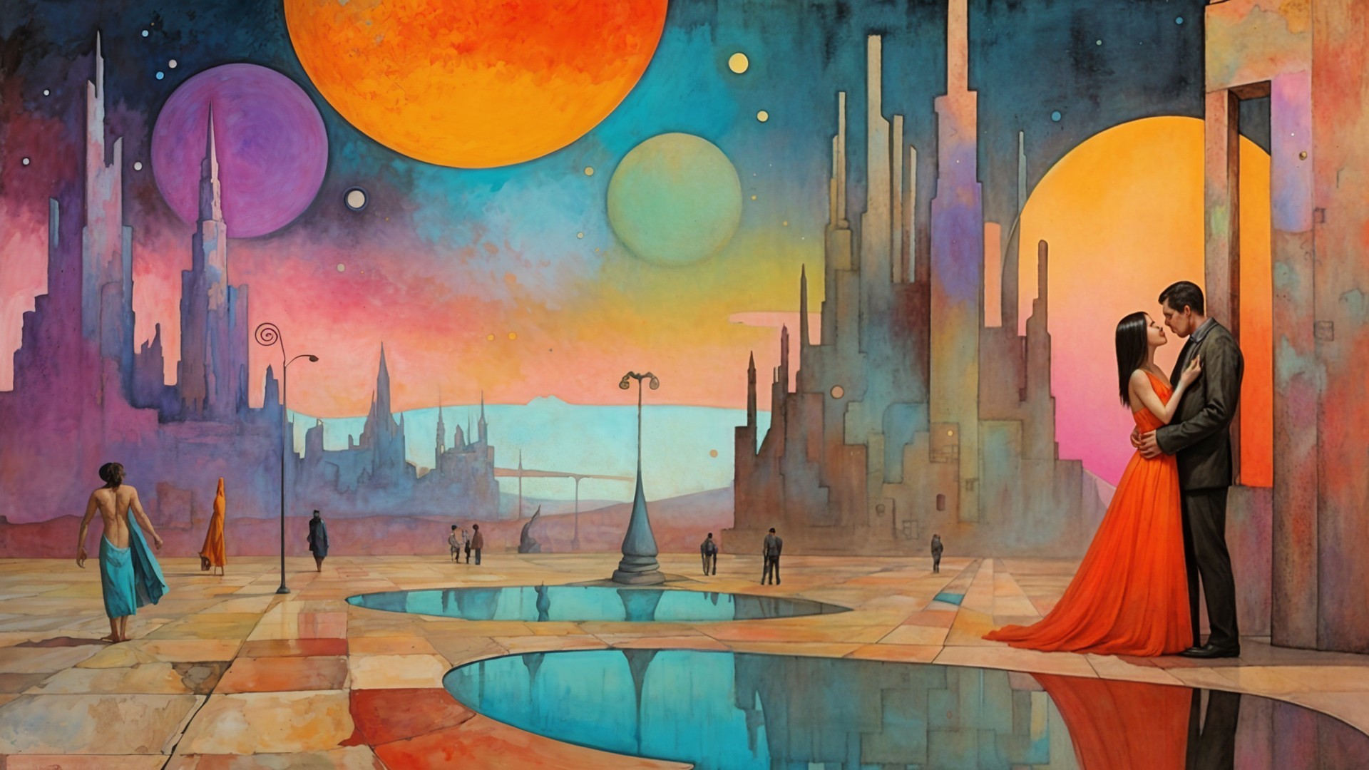Surreal Landscape with Colorful Planets and Couples