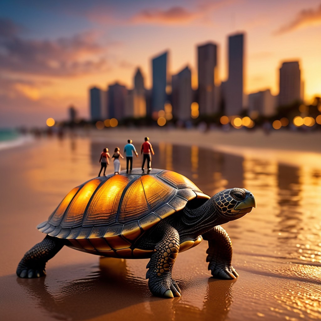 Whimsical Beach Scene with Cartoonish Turtle at Sunset