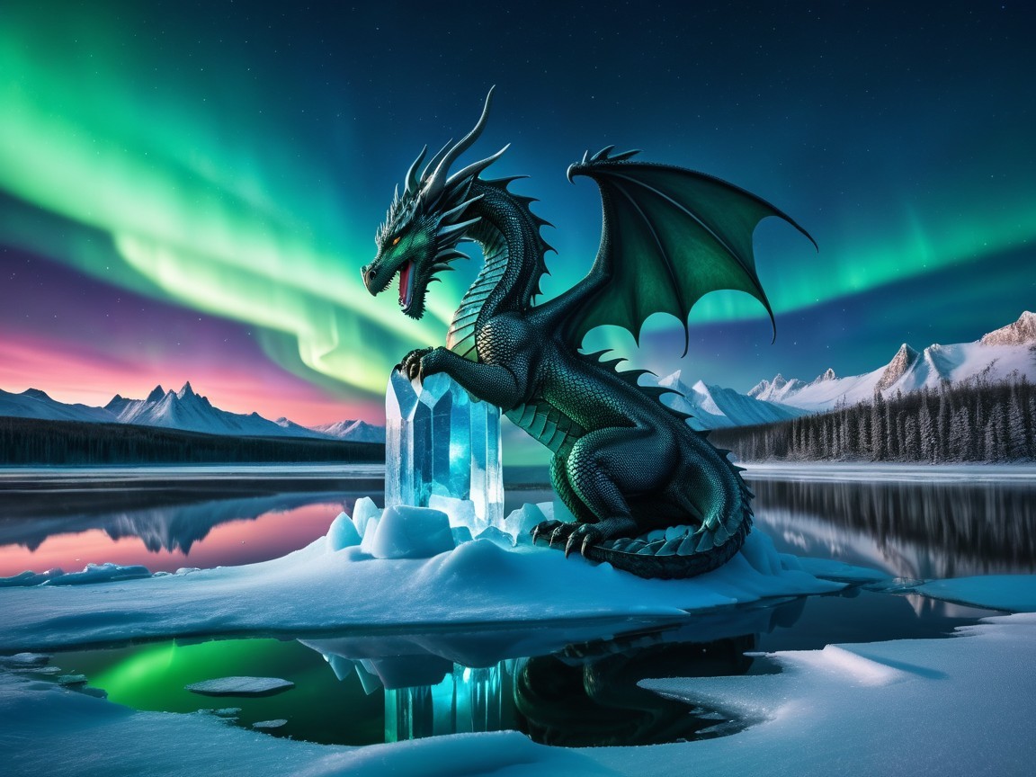 Black Dragon on Ice Crystal in Frozen Landscape