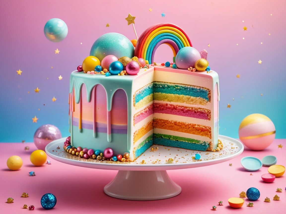 Whimsical Multi-Layered Cake with Pastel Colors
