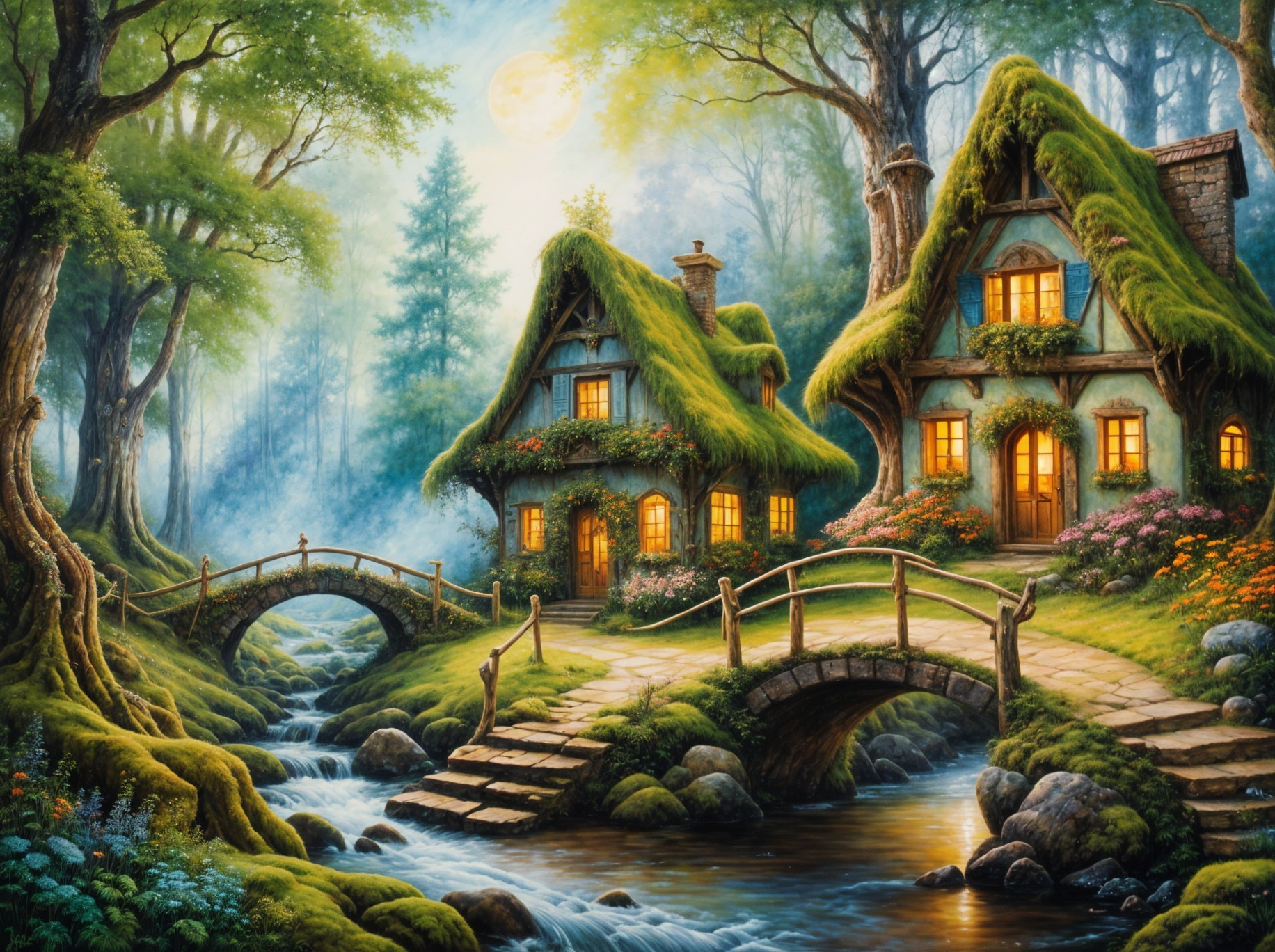 Charming Cottages with Lush Green Roofs and Stream