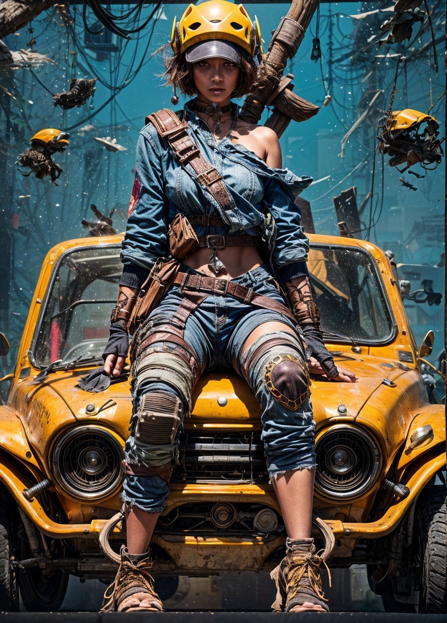 Post-Apocalyptic Scene with Female Character on Car