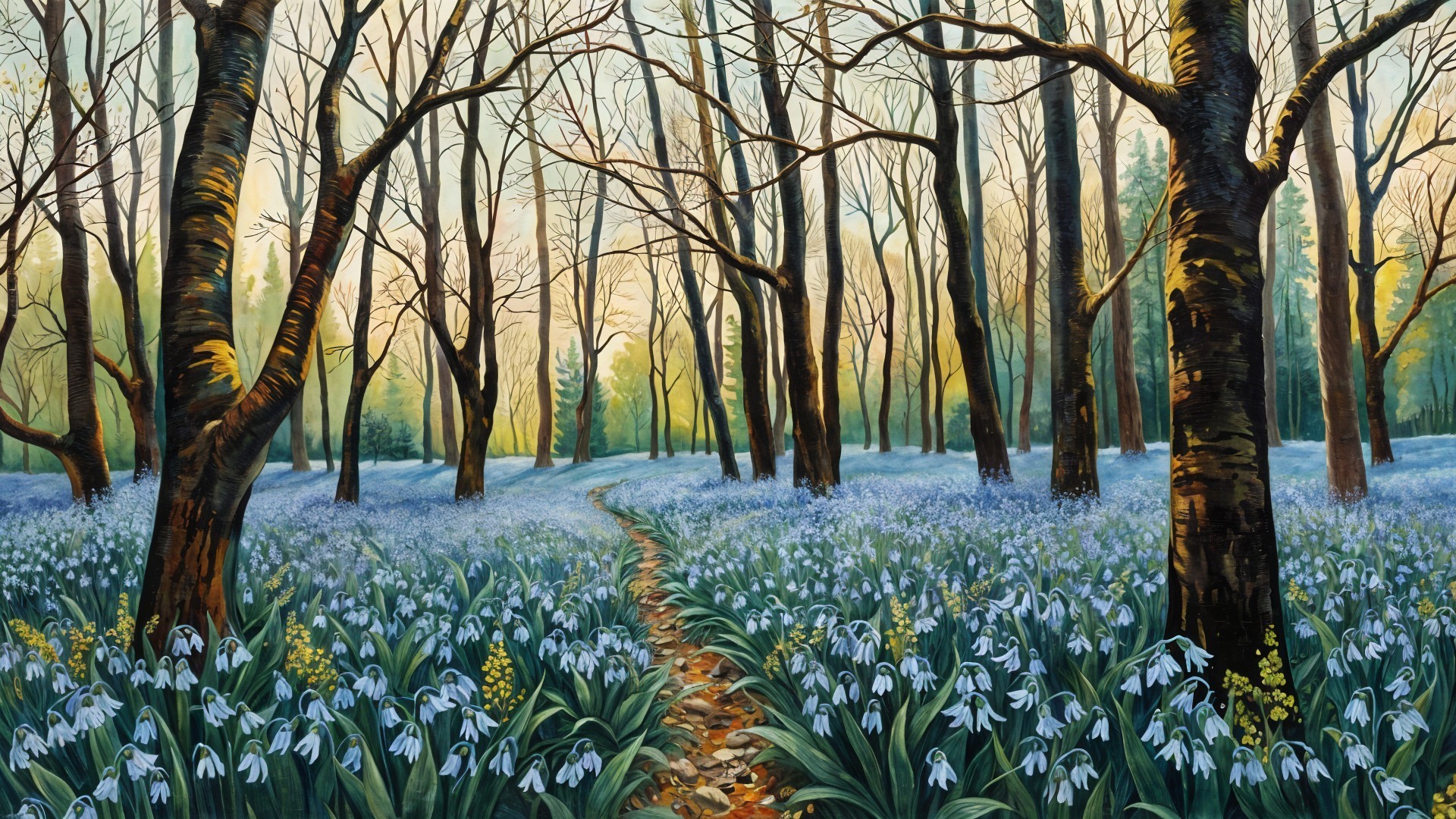 Serene forest scene with blooming snowdrops and trees