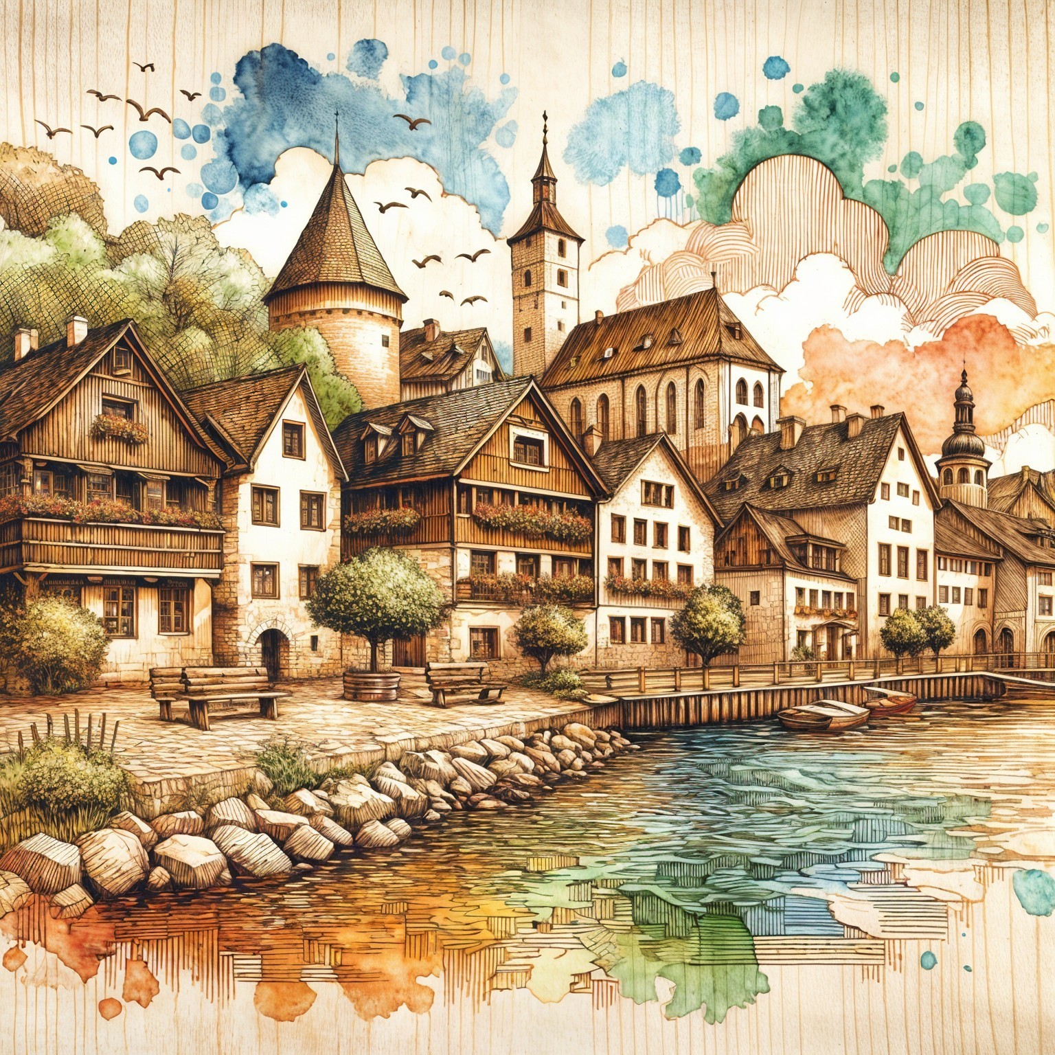 Picturesque Riverside Village with Charming Architecture