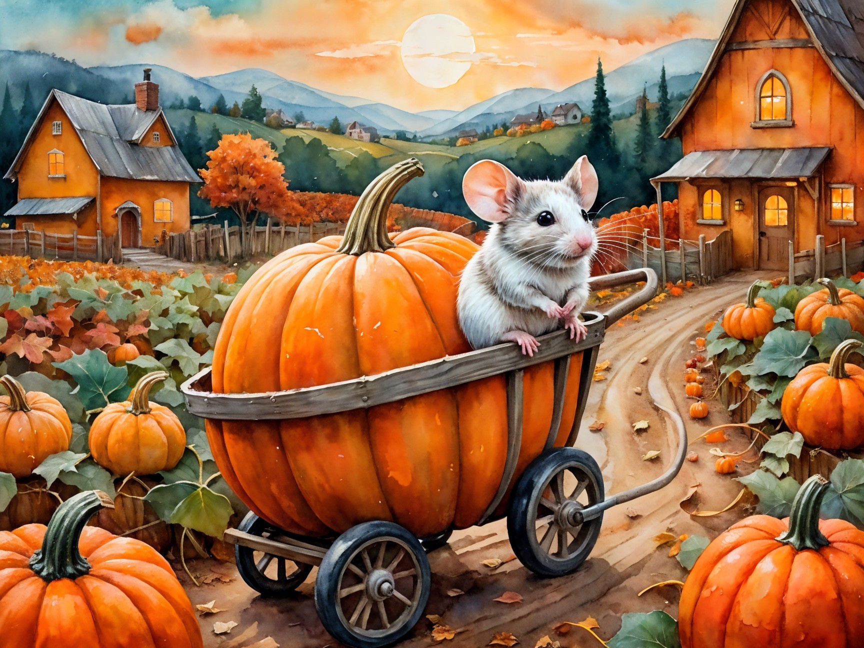 Autumn Landscape with Mouse in Pumpkin Wheelbarrow