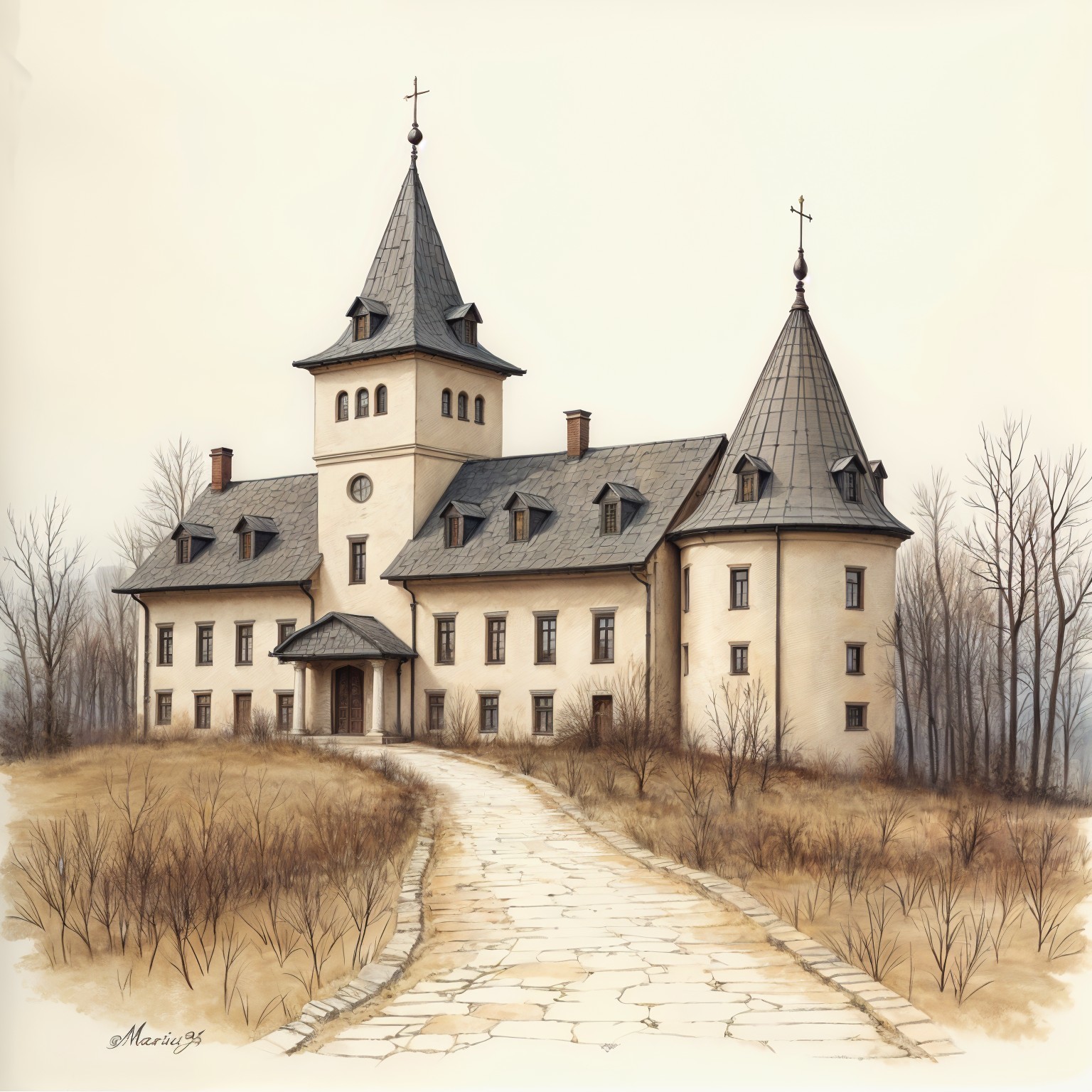 Fairy-tale style castle with towers and serene landscape