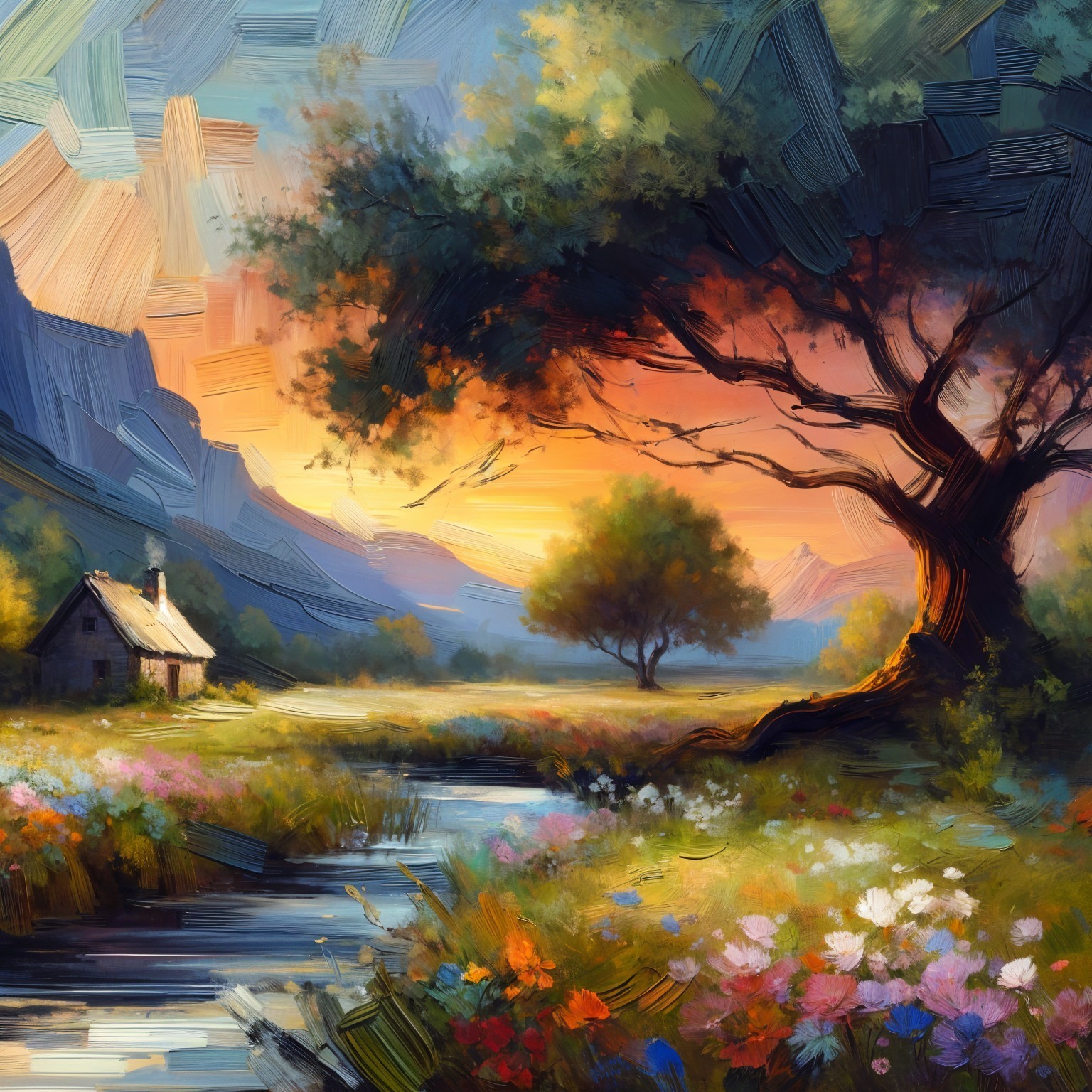 Serene Landscape with Cottage and Flowing Stream