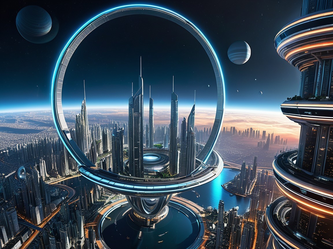 Futuristic cityscape with skyscrapers and cosmic backdrop