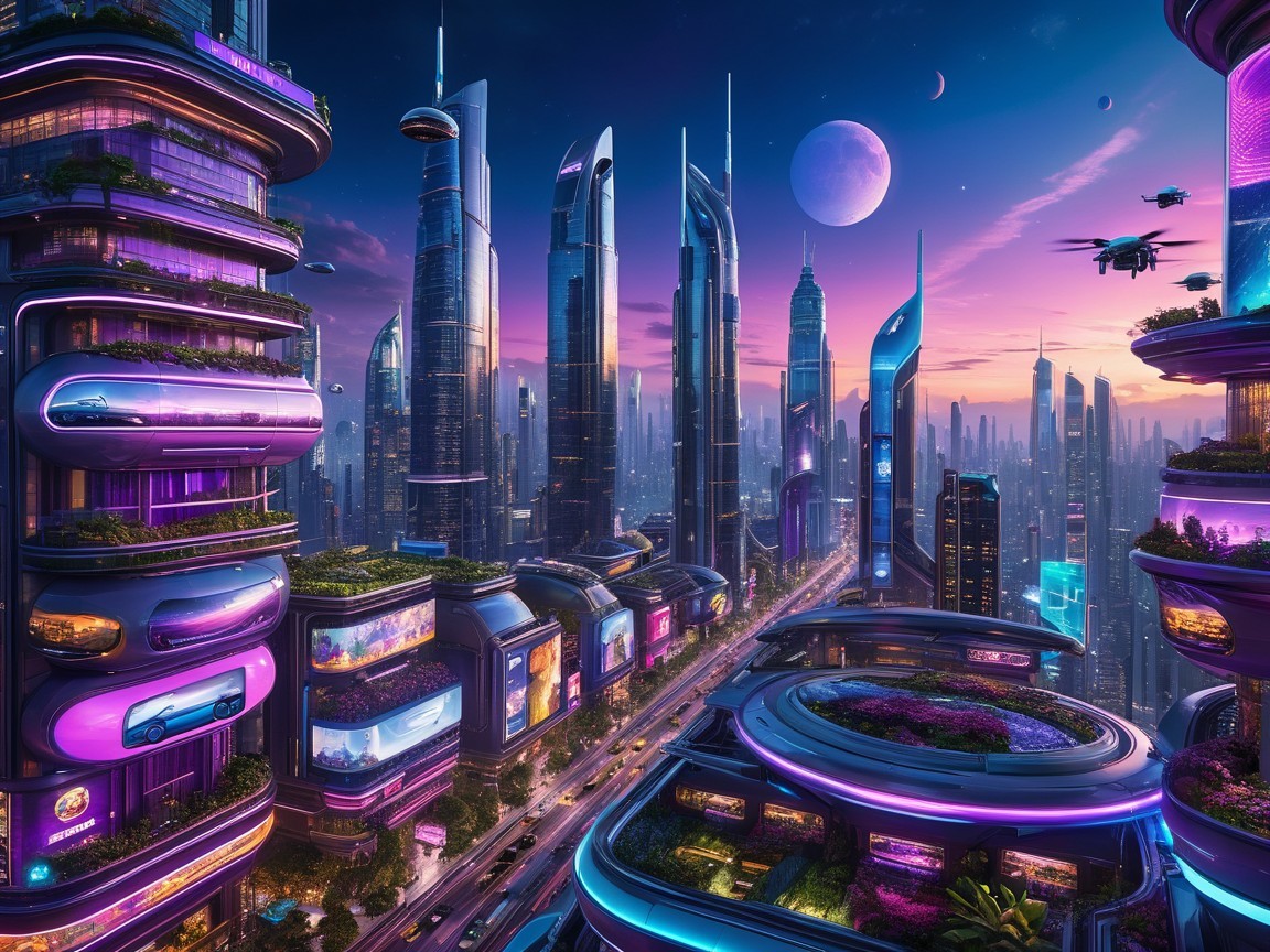 Futuristic cityscape with skyscrapers and neon lights