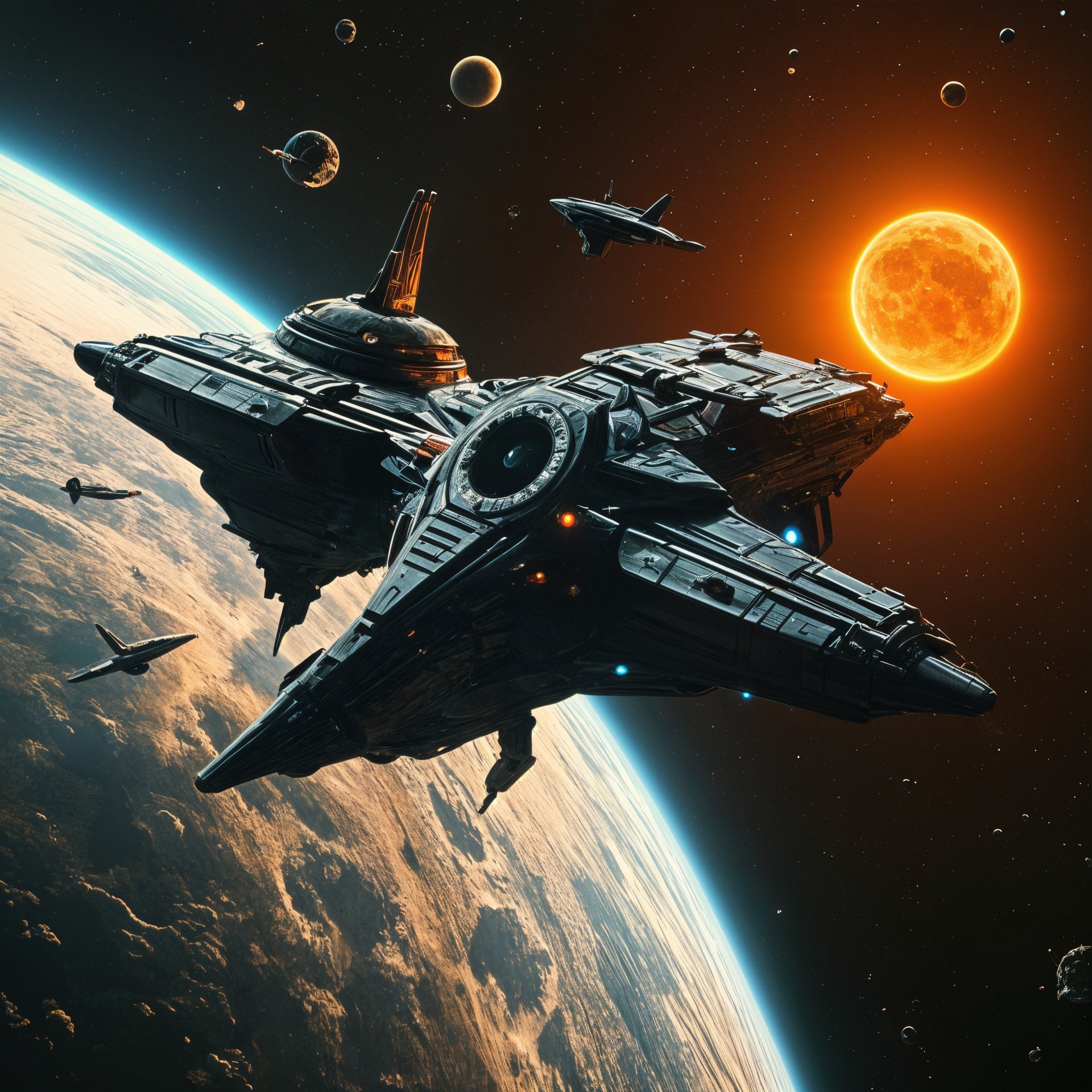Futuristic spacecraft above a vibrant planet scene
