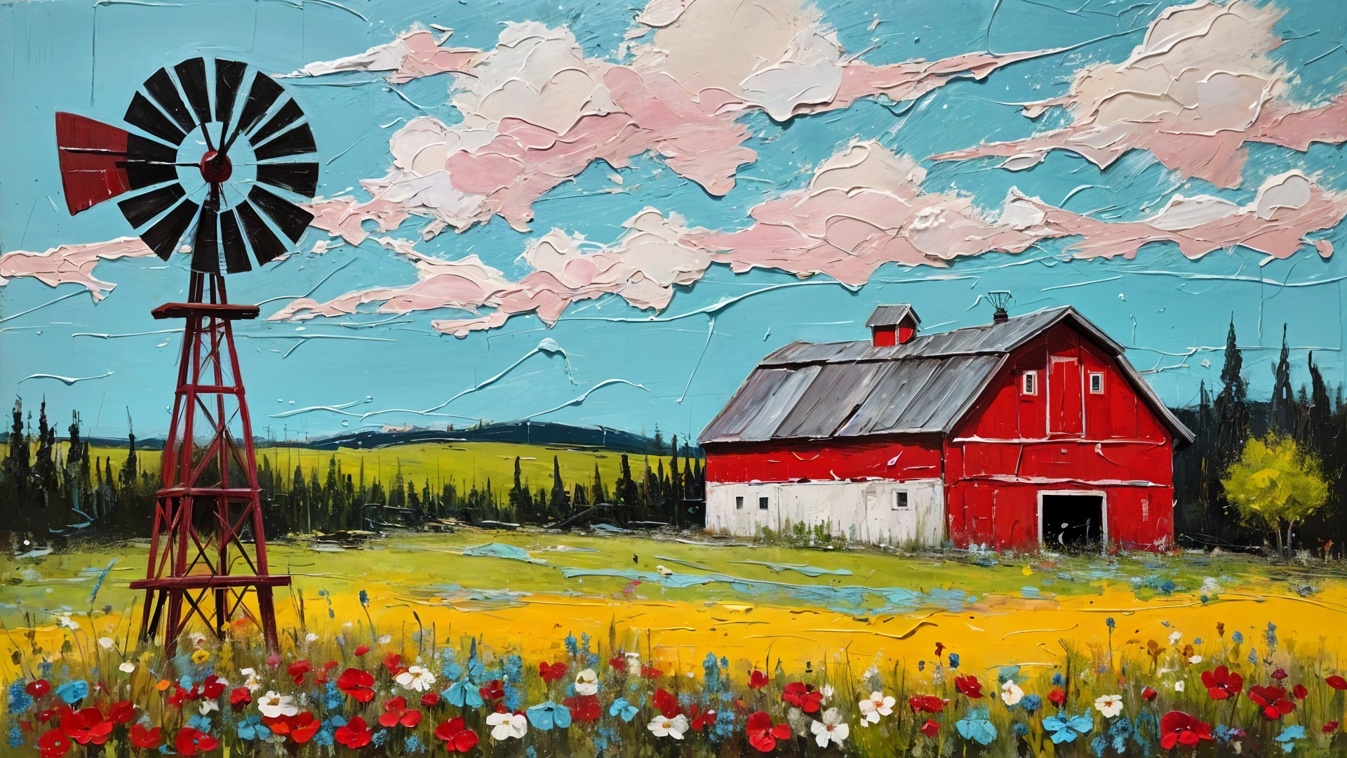 Vibrant Countryside Scene with Barn and Windmill