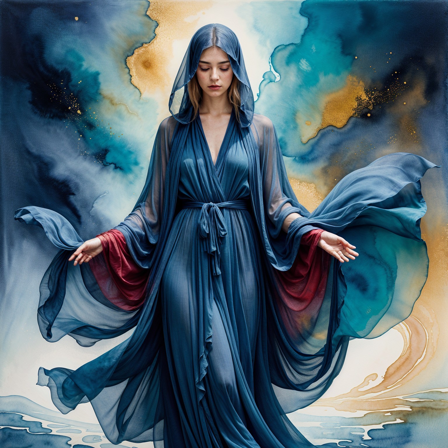 Serene Figure in Deep Blue Gown with Ethereal Backdrop