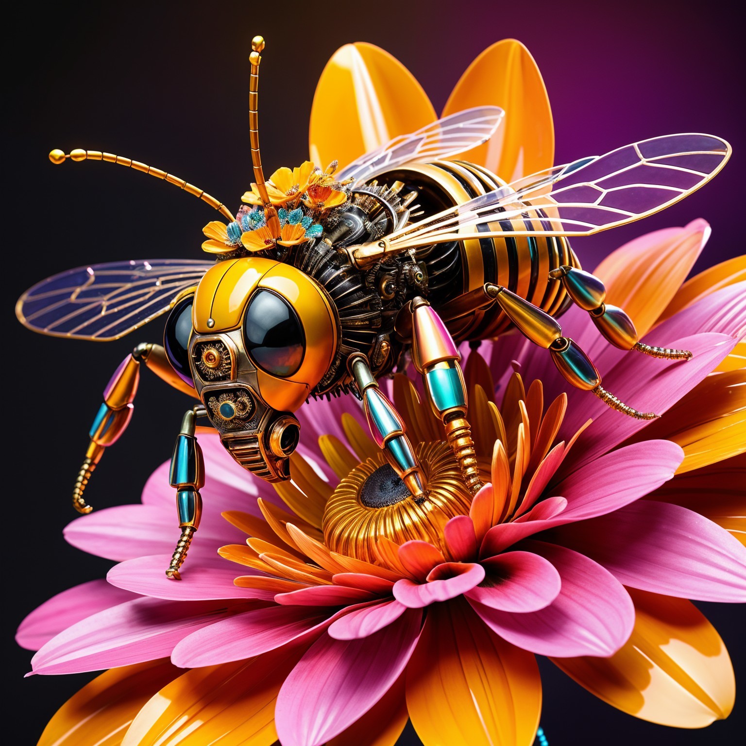 Vibrant Robotic Bee on Colorful Flower Scene