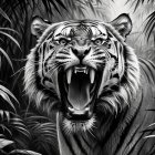 Fierce Tiger Roaring in Dense Jungle Foliage