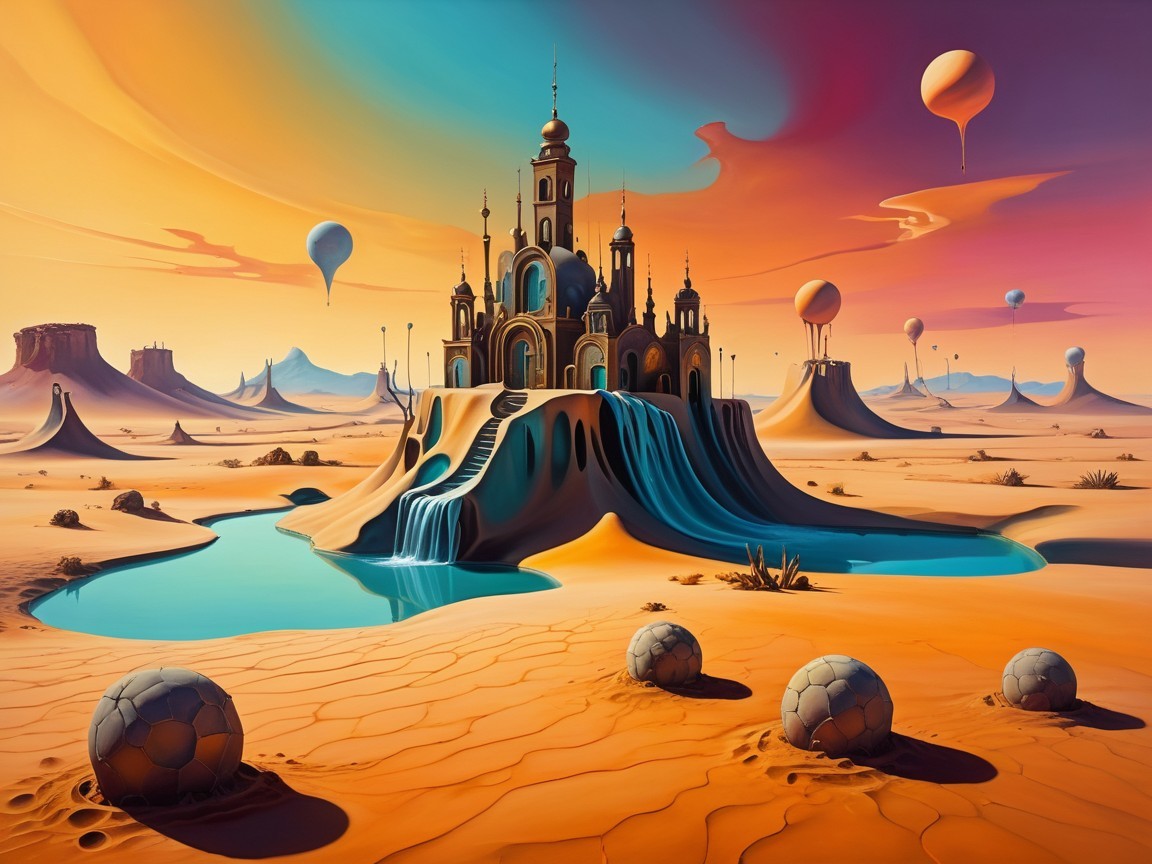 Surreal Desert Landscape with Castle and Hot Air Balloons