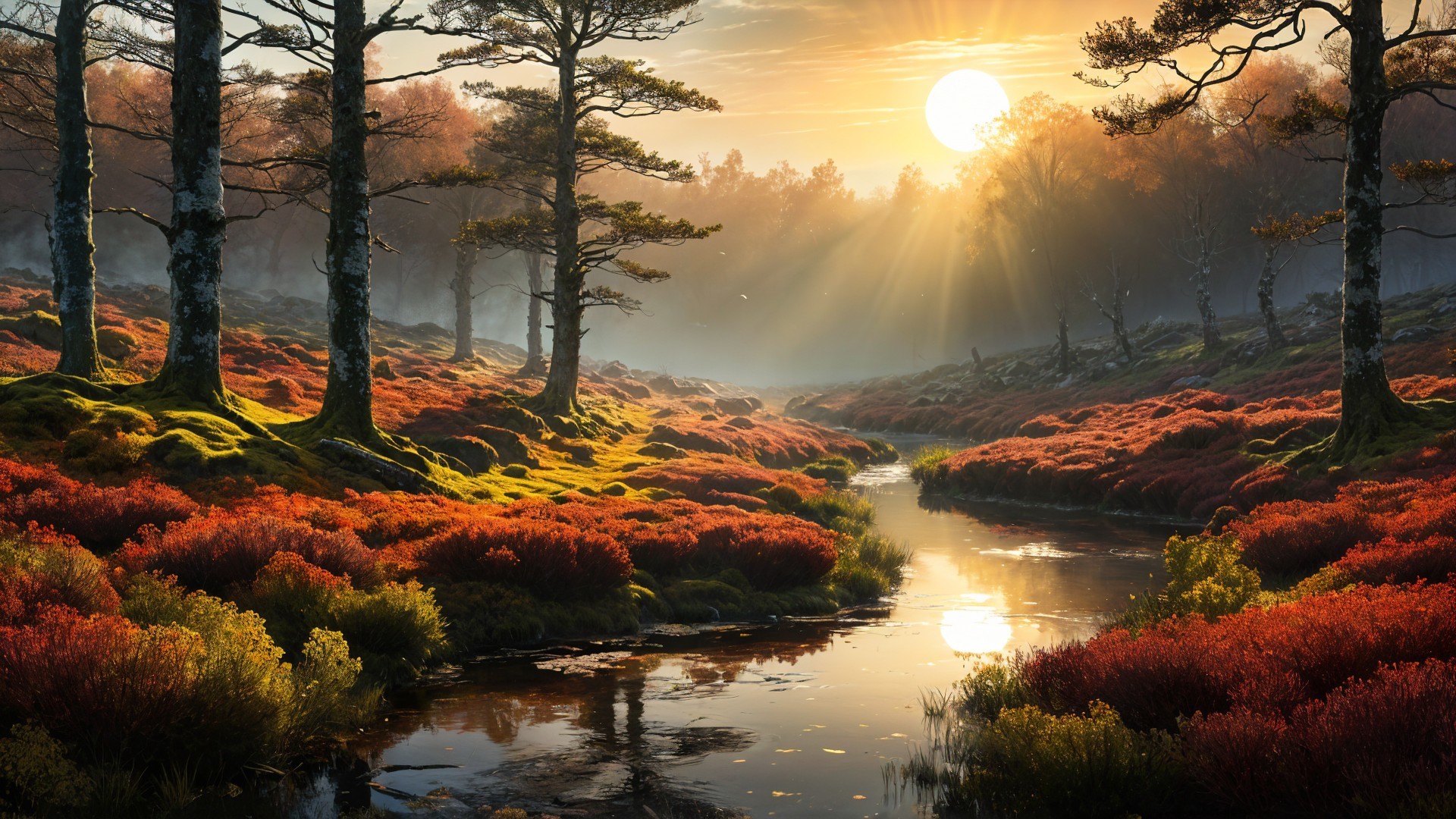 Serene Sunrise Landscape with Tranquil Stream and Foliage