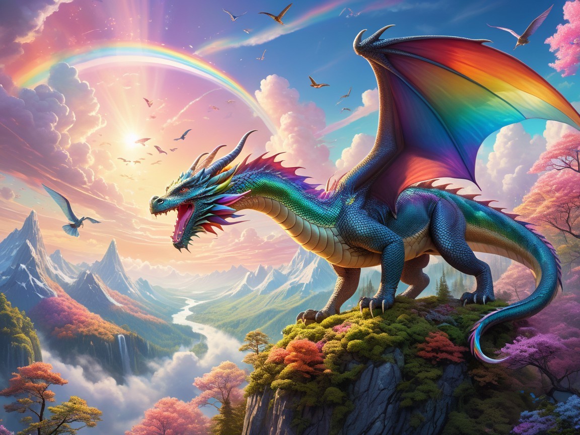 Majestic dragon with iridescent scales on a mountain