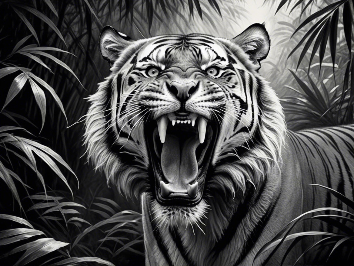 Fierce Tiger Roaring in Dense Jungle Foliage