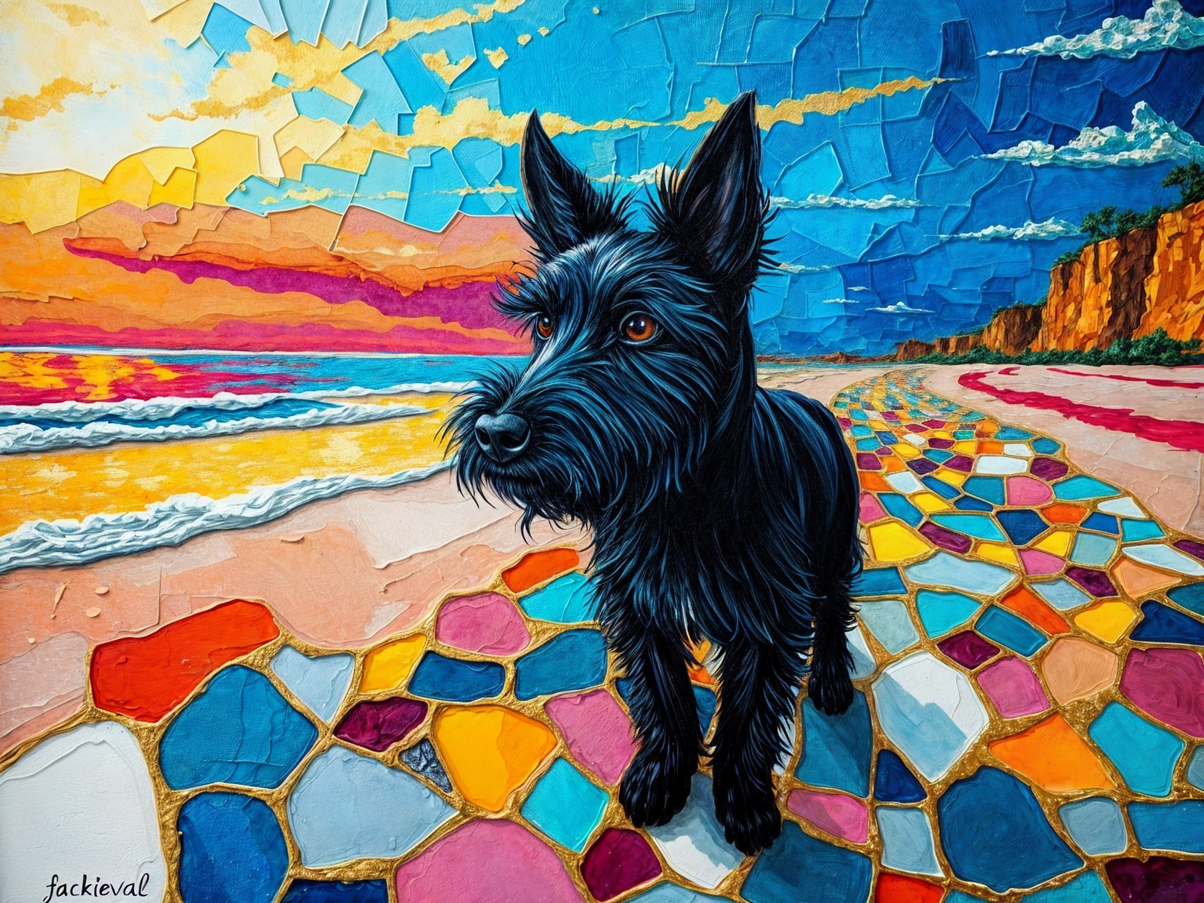 Colorful painting of a dog on a mosaic beach path