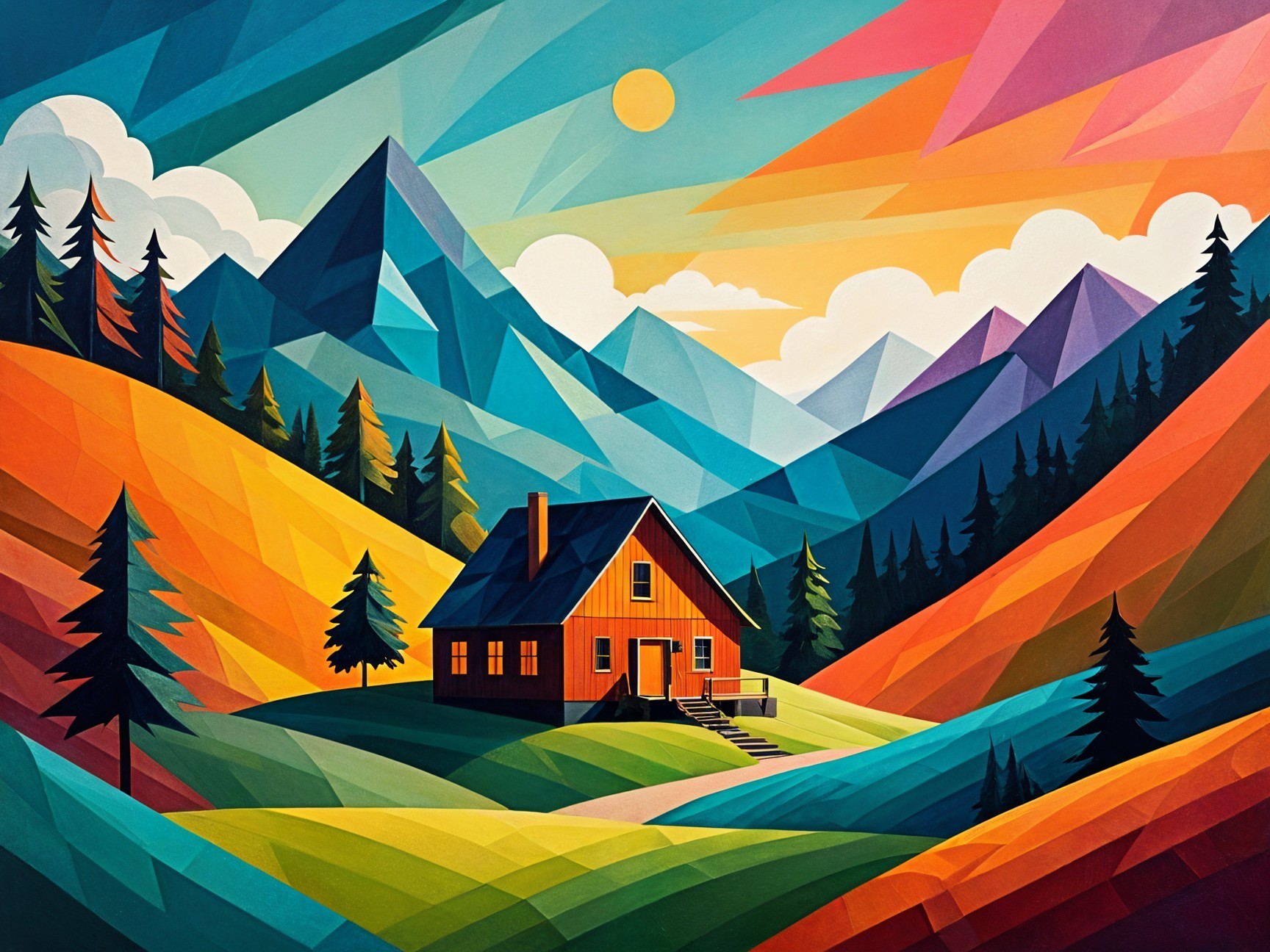 Vibrant Geometric Landscape with Red Cabin and Mountains