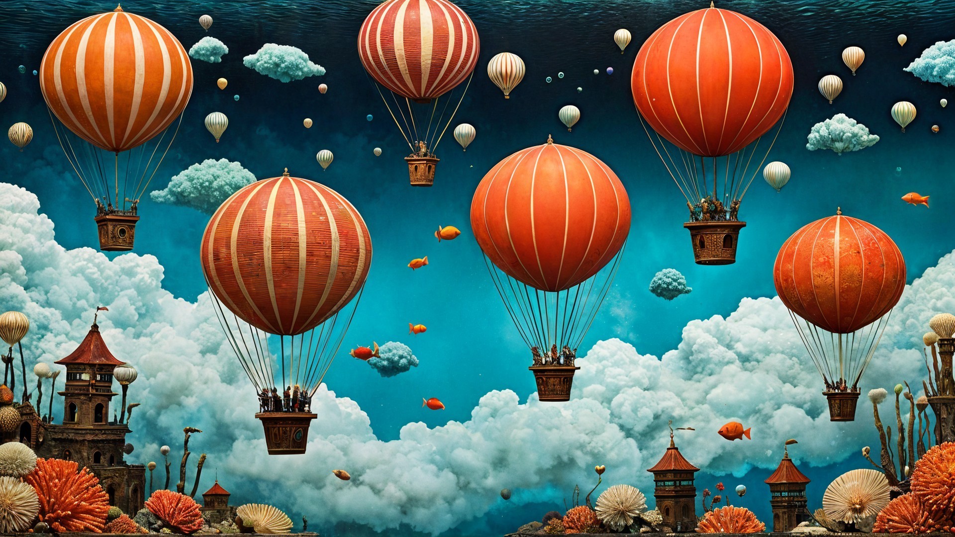 Vibrant Hot Air Balloons Over Underwater Landscape