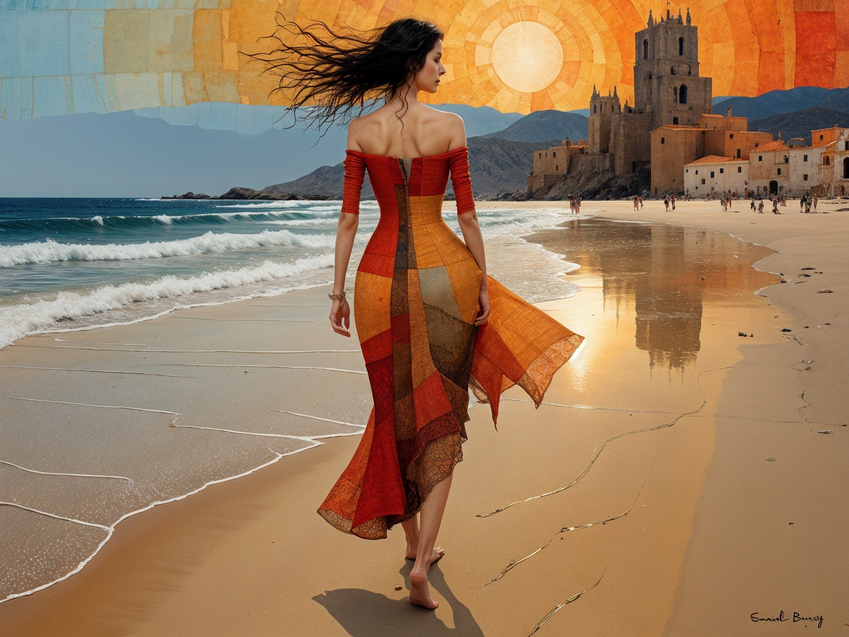 Woman in Colorful Dress on Sunlit Beach at Sunset