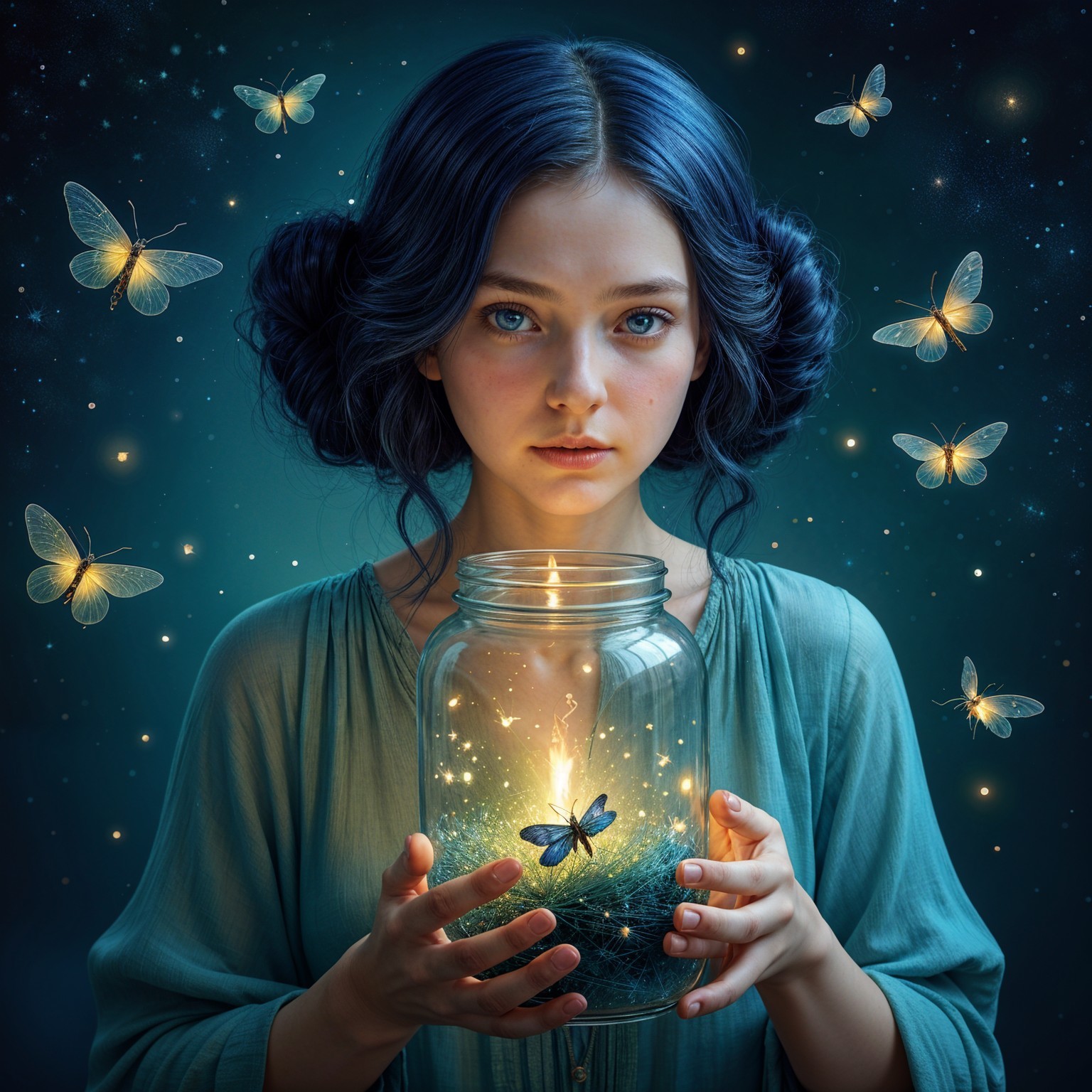 Young woman with blue hair and glowing jar in night sky