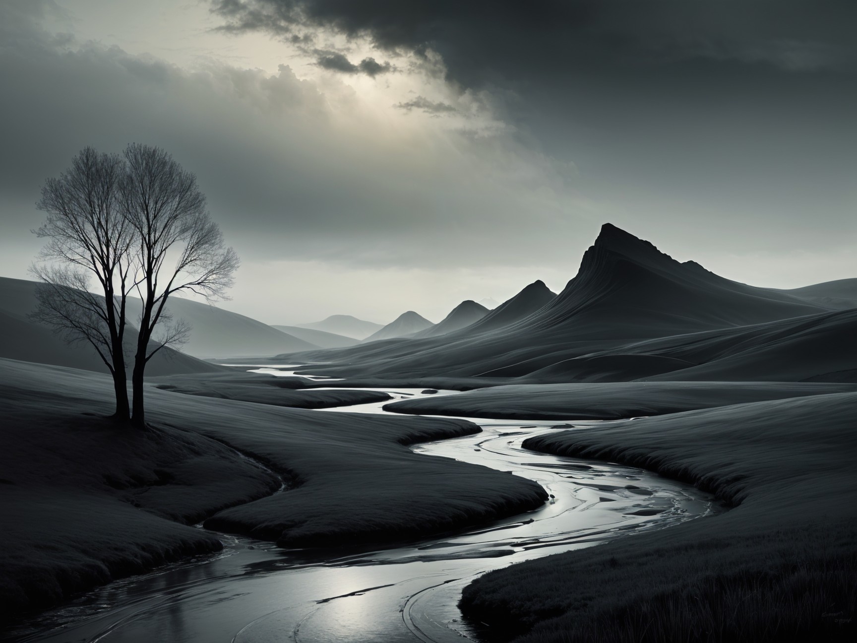 Serene Gray Landscape with Hills and Winding River