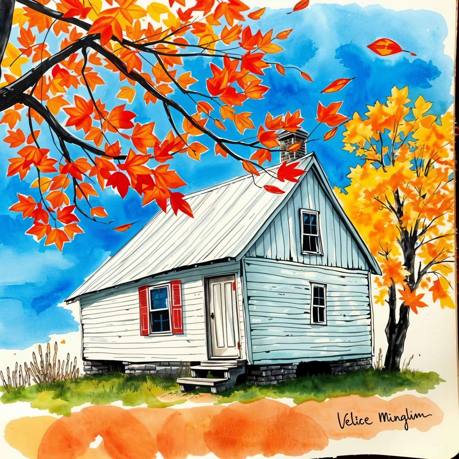 Rustic house with blue exterior and autumn foliage