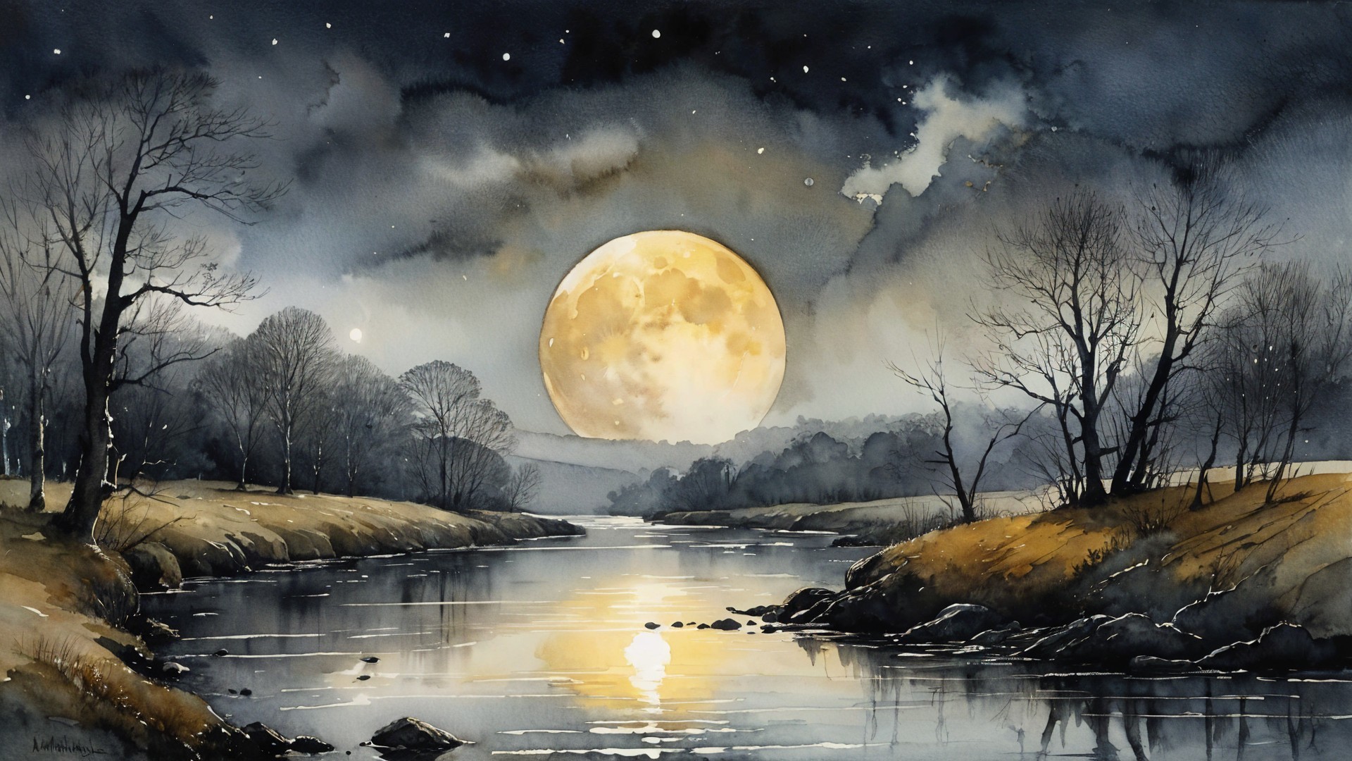 Luminous Full Moon Reflecting on Calm River Landscape